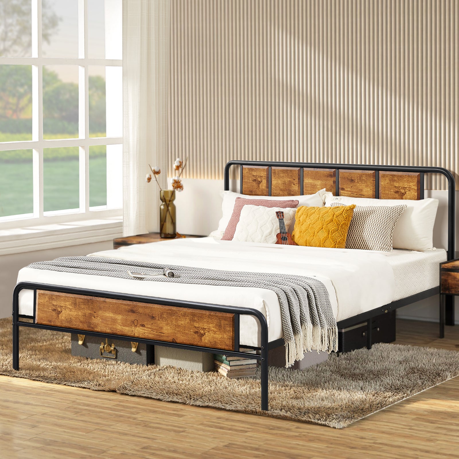 Vecelo LOE-BTJ-MBQ07-RBN Queen Size Bed Frame Platform with Headboard and Footboard Heavy Duty Steel Slats Support Easy Assembly Brown