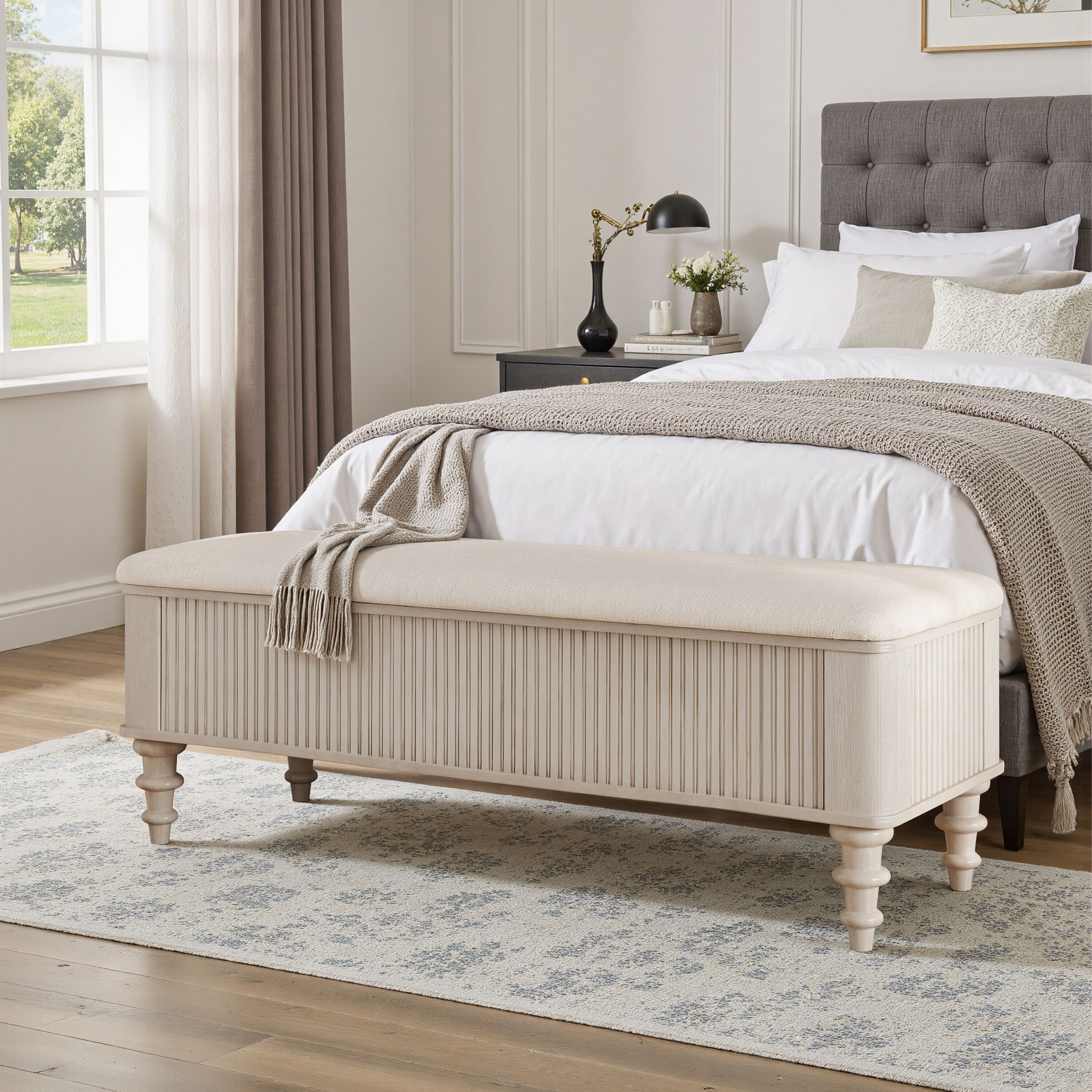 KTMBDW - 50.8-in Storage Benches with Wood Legs - Modern Ottoman Bench Upholstered Entryway Bench...