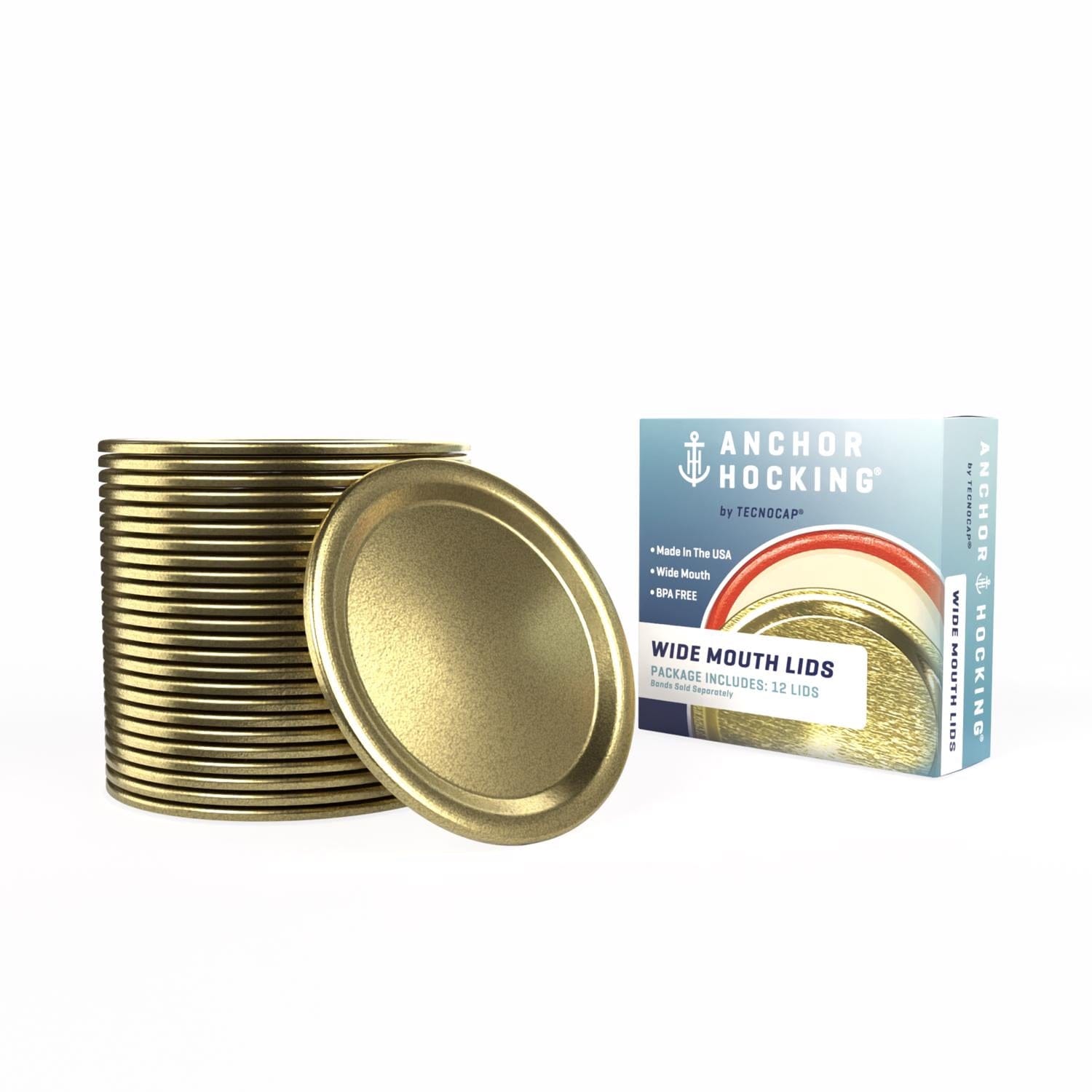 Anchor Hocking Tecnocap Wide-Mouth Canning Lids Metal Gold 12-Pack Boxed #HCR24TWL-G