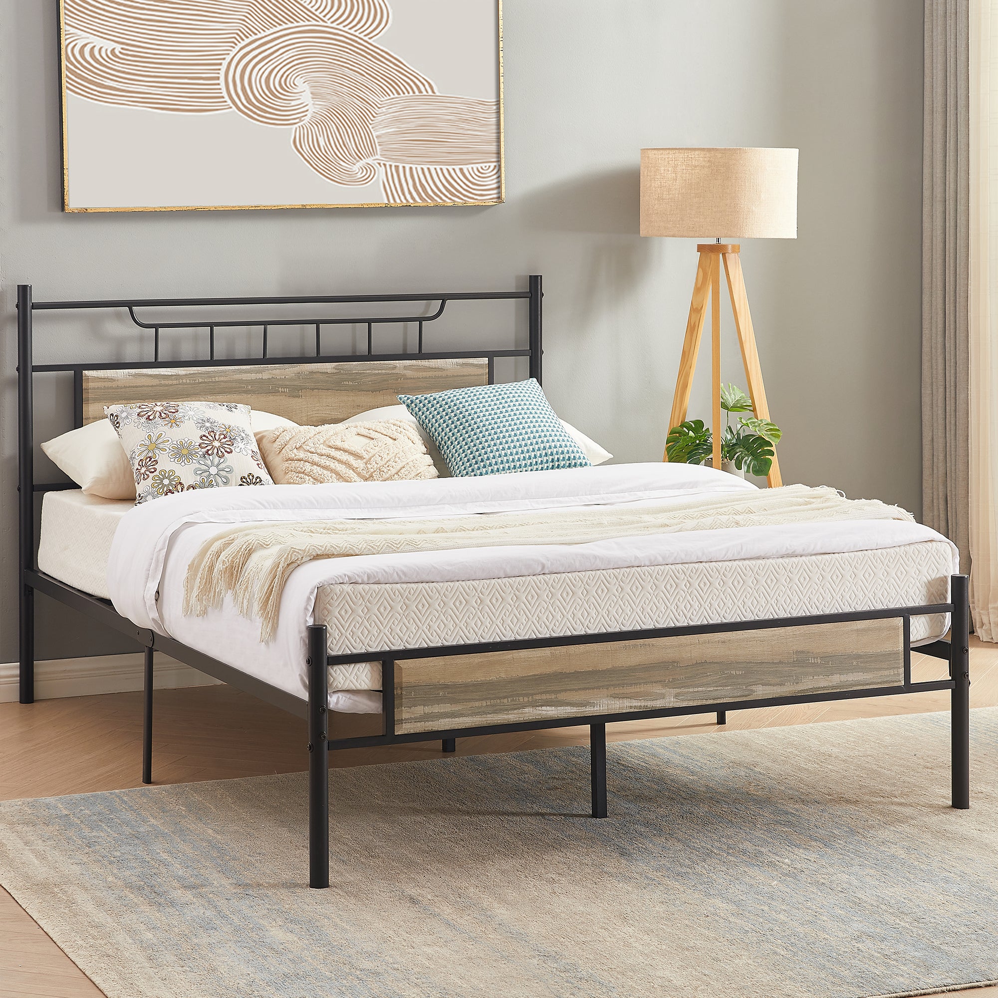 Vecelo LOE-BTJ-MBF06-SLT Full Platform Metal Bed Frame with Headboard No Box Spring Needed Slate Color