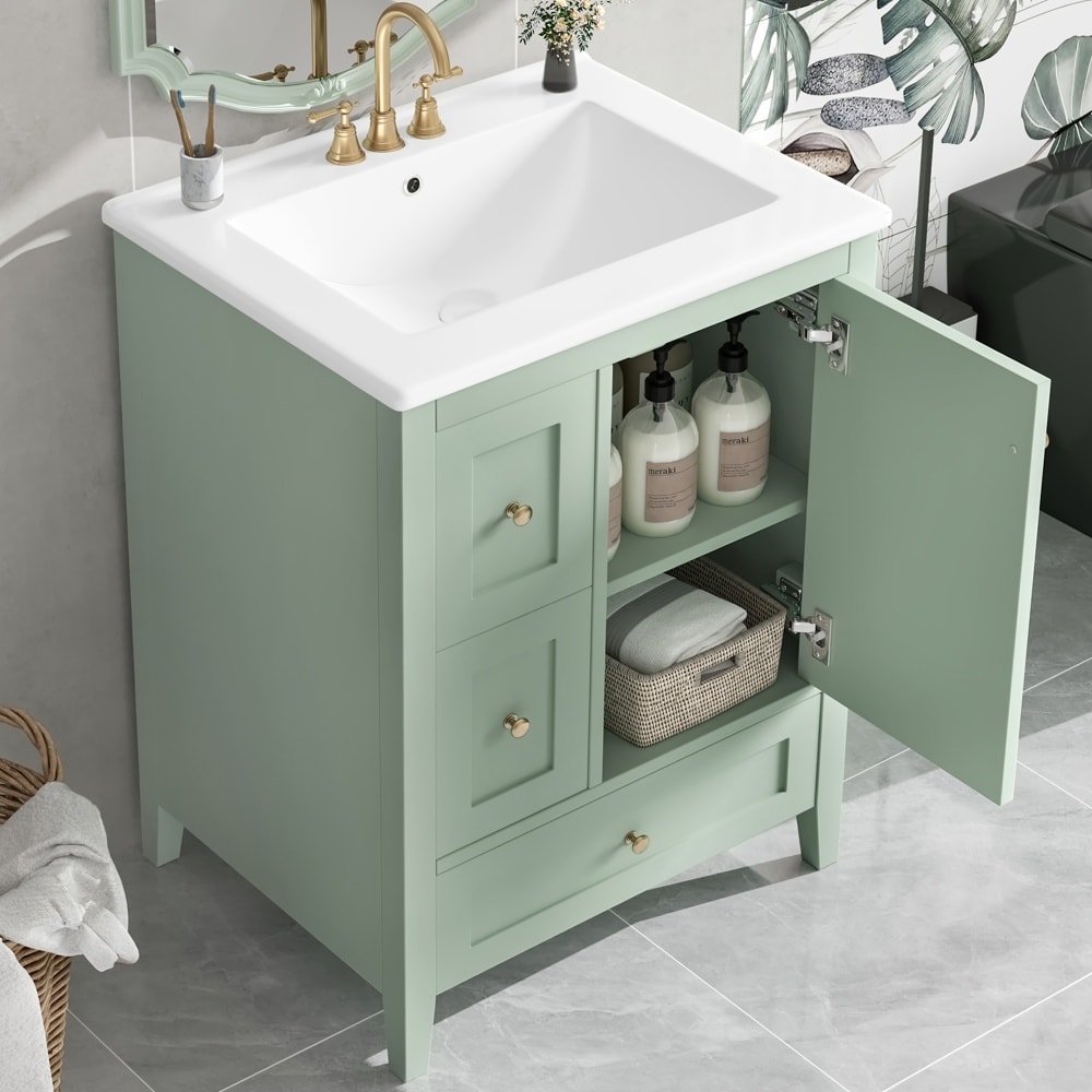 JUJABU Green 24-Inch Bathroom Vanity with Storage Adjustable Shelf for Bathroom