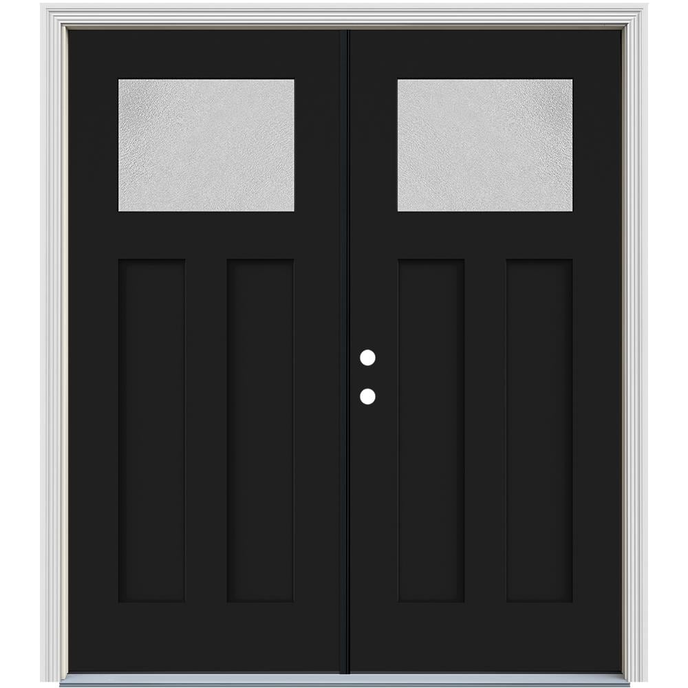 JELD-WEN LOWOLJW232701042 Microgranite 72-in x 80-in x 4-9/16-in Fiberglass 1/4 lite Right-hand inswing Black Painted Prehung Double Front Door with Brickmould Insulating core