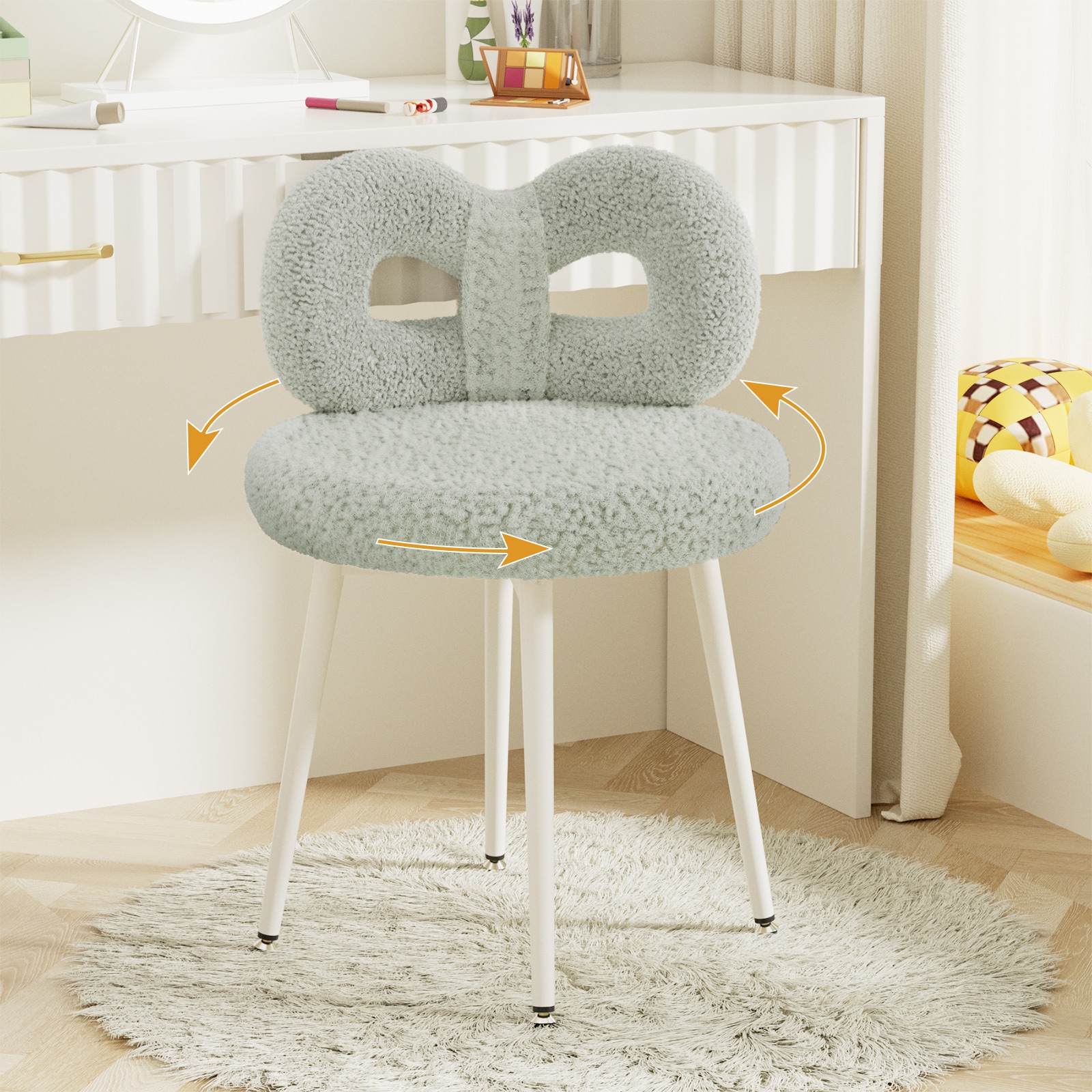 LOVMOR 760580585044 Vanity Chair with Back Swivel Makeup Chair No Wheels Bedroom Chair with Upholstered and Cute Bow Backrest