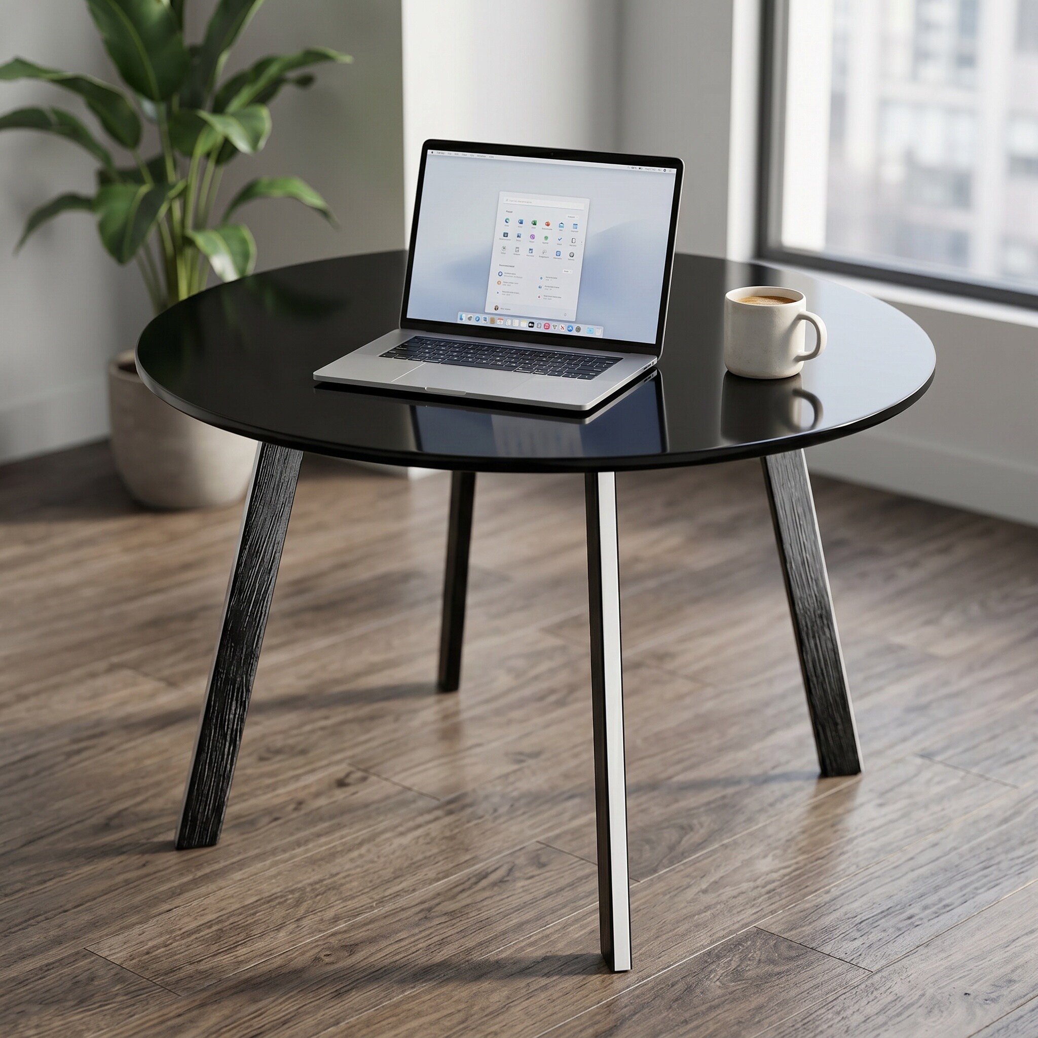 GlasFlength -  Round Modern Dining Table with Polished Smooth Surface and Stable Angled Legs Mode...