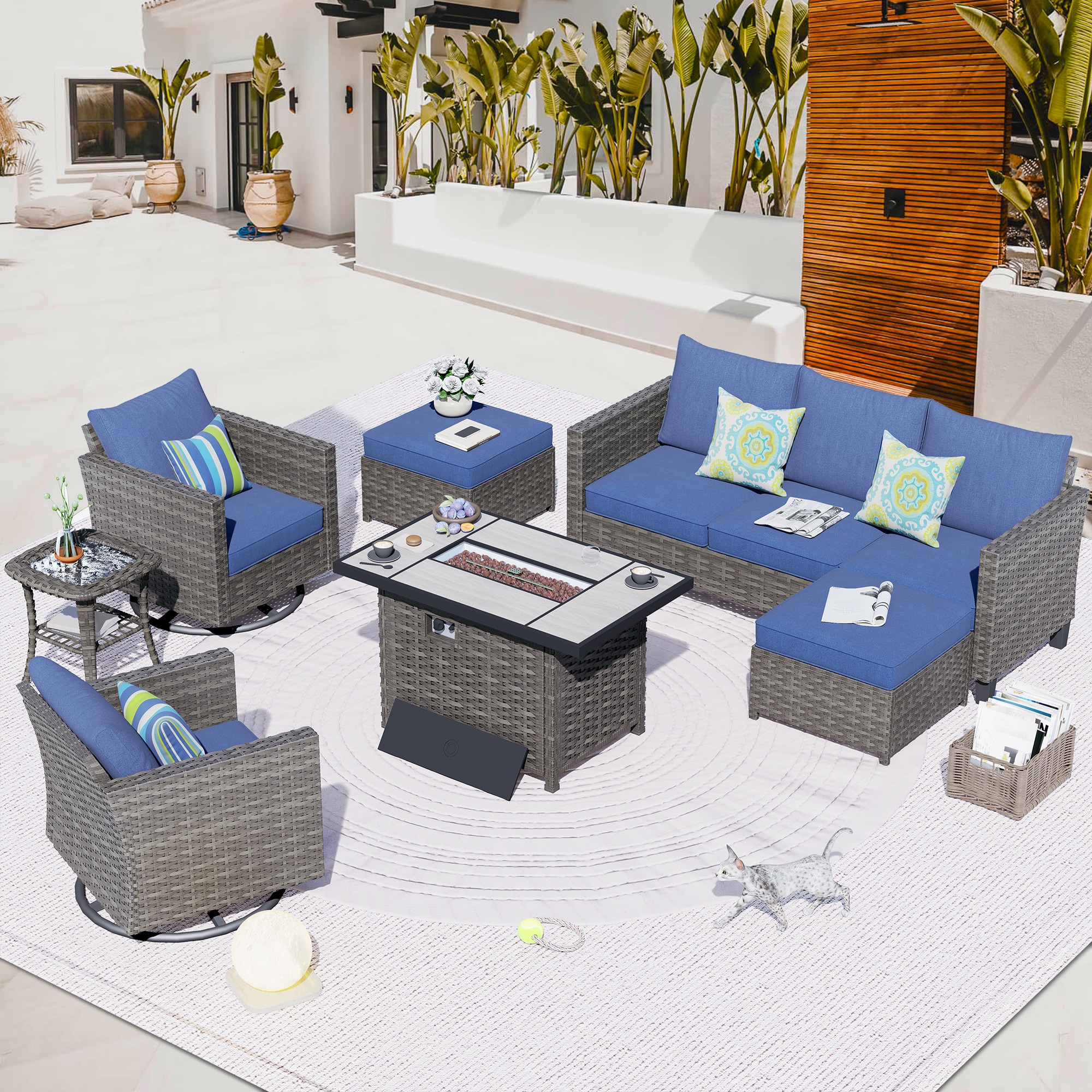 Pouuin SYZGRS305 7 -Piece Wicker Patio Sofa Conversation Set with Blue Cushions