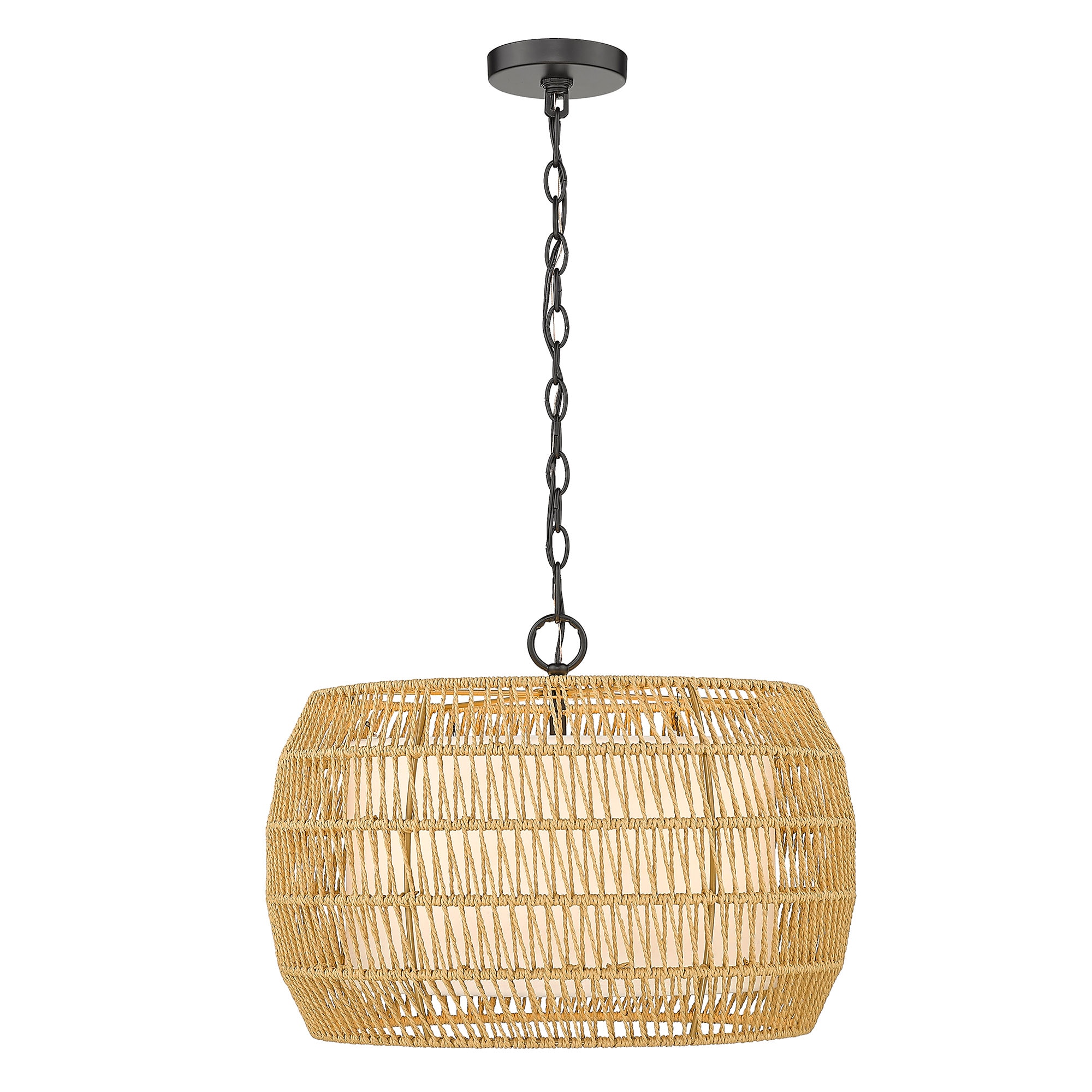 Everly Matte Black Drum Chandelier with Handwoven Rattan Detail