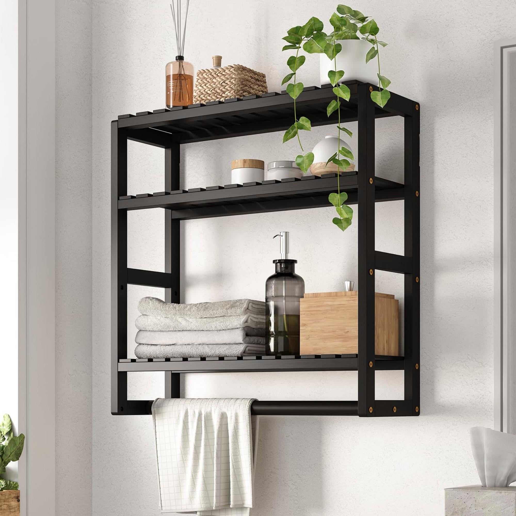 Wudkey Bamboo Bathroom Wall Mounted 3 Tier Shelves Black