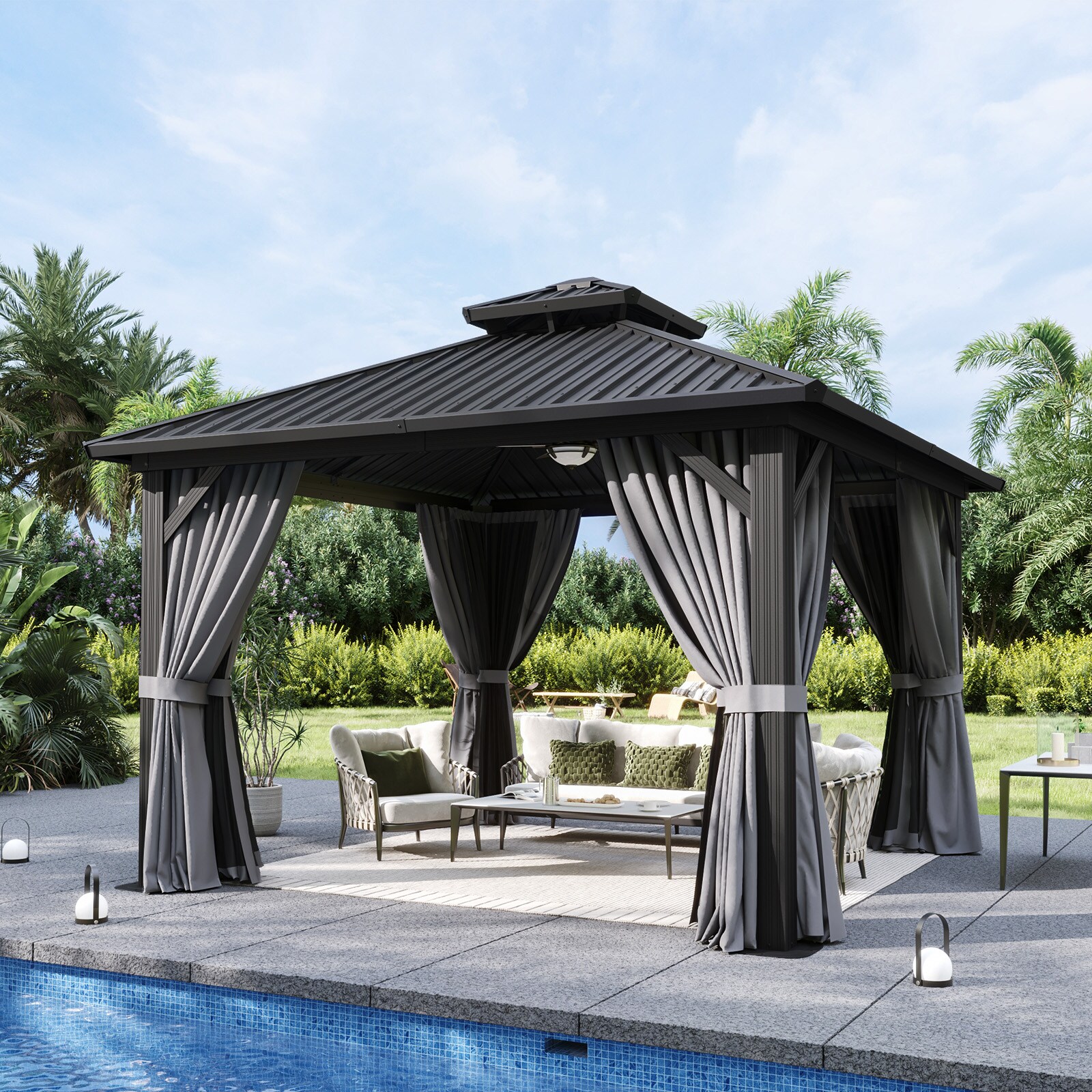 AOXUN AX-422G07 12-ft x 12-ft Outdoor Gazebos Black Gazebo with Hardtop Roof (Screen Included)