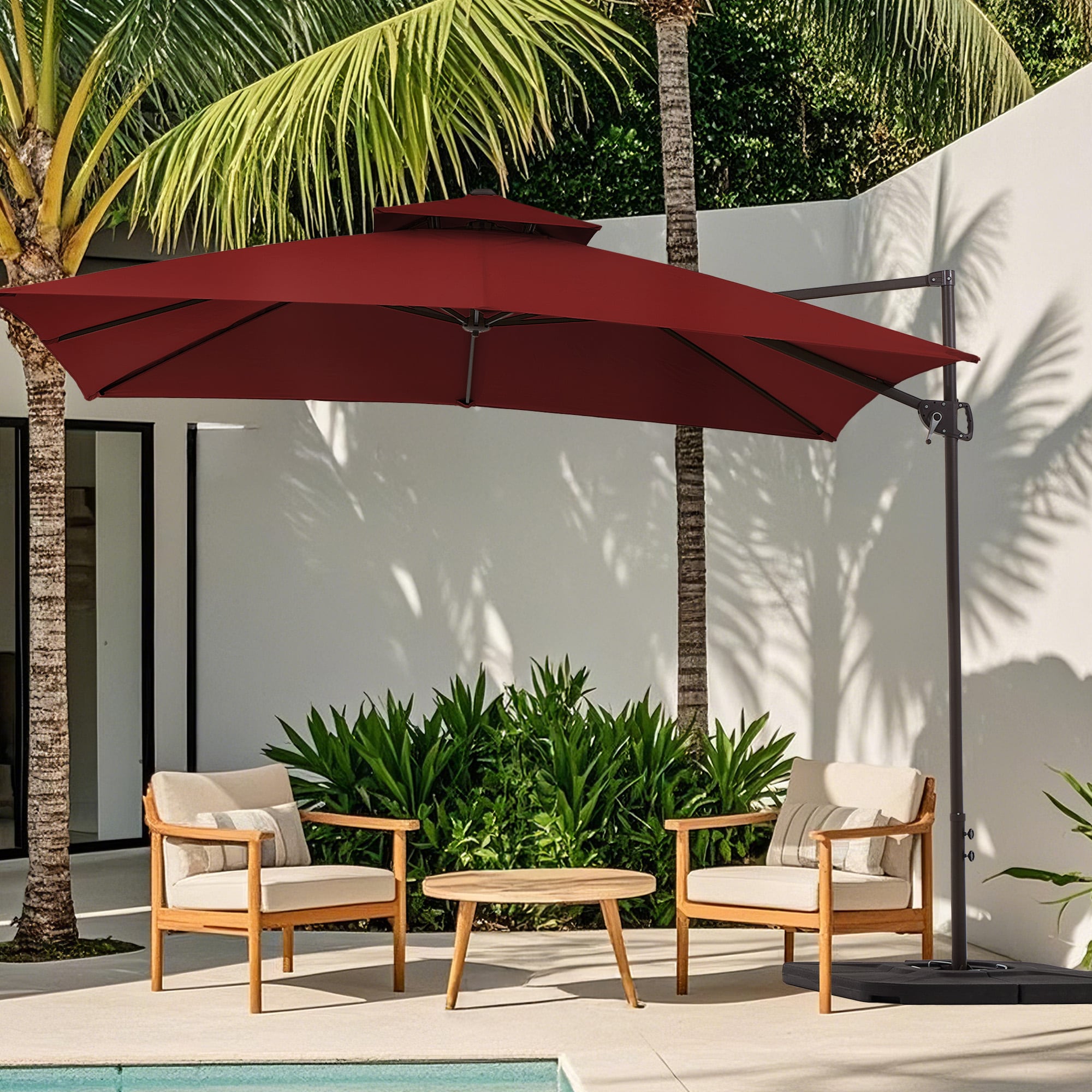 JEAREY AWCWD-TH 9-ft Aluminum Red Crank Cantilever Patio Umbrella with Base