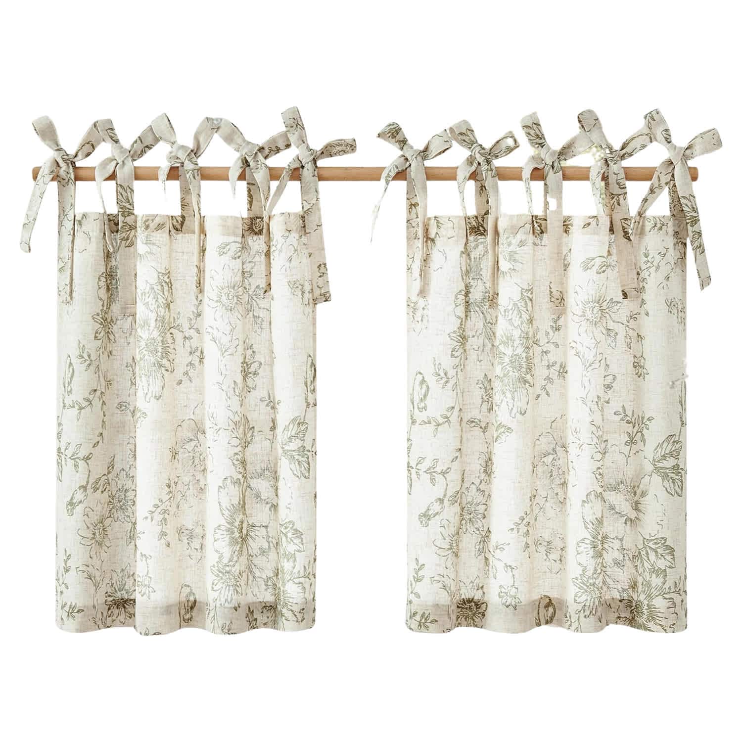 Etokfoks -  Floral Linen Tier Curtains 36 Inch Farmhouse Cafe Curtains Tie Top Botanic Drapes for...
