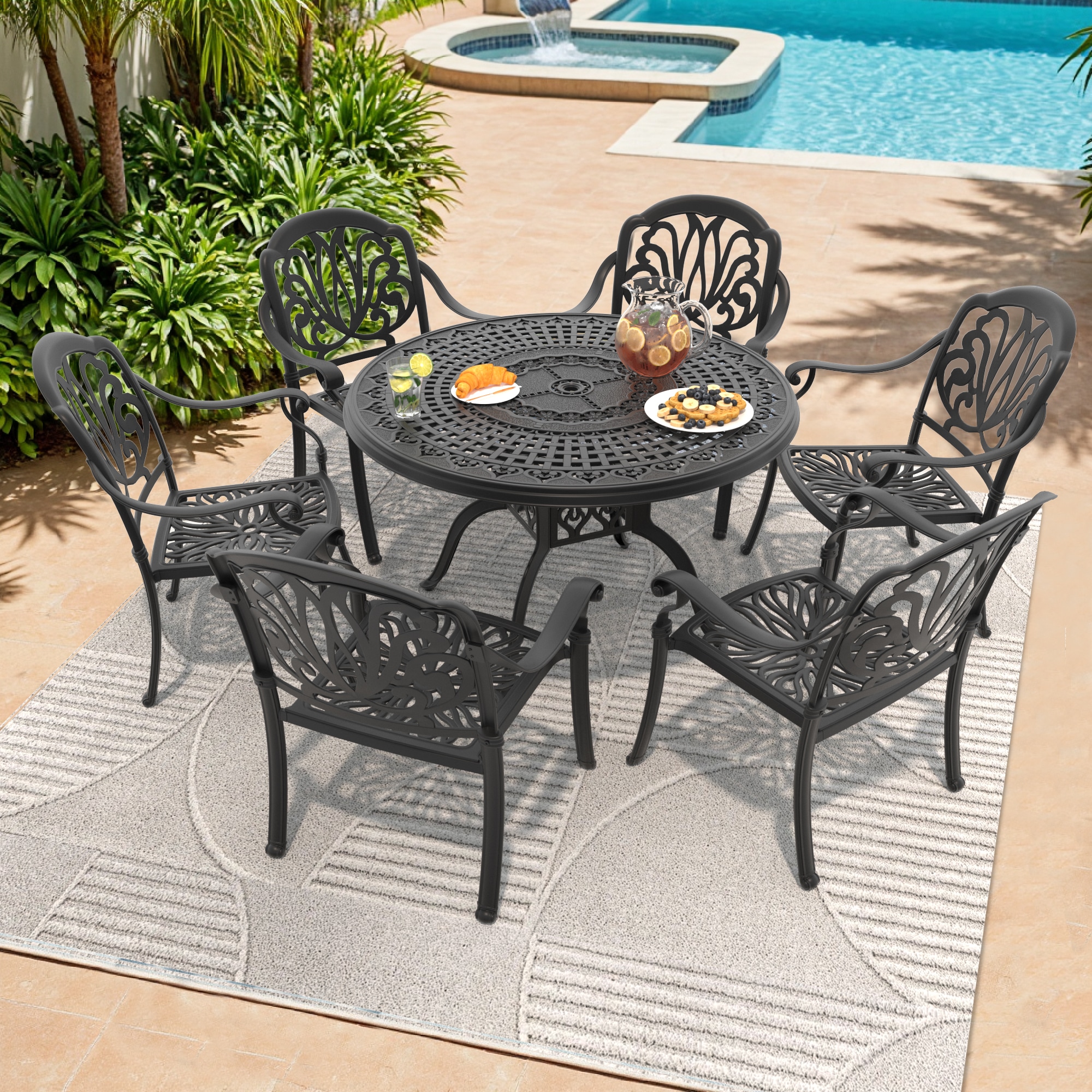 nicesure SLBK6002CZ6A1114RC 7 -Piece Black Patio Dining Set Aluminum Round Table with 6 Cushions Stackable Stationary Chairs