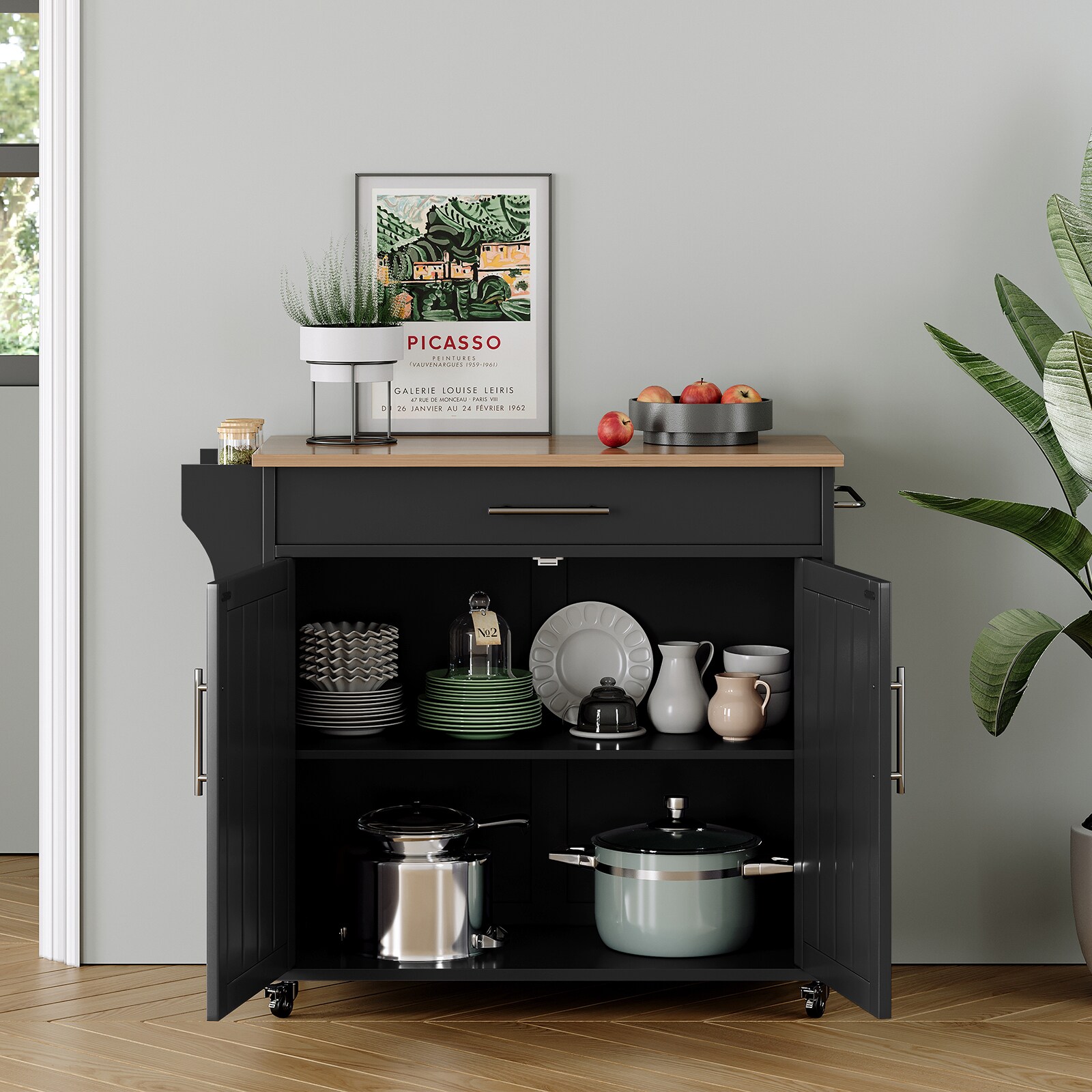 Jarenie White Mdf Base with Composite Wood Top Rolling Kitchen