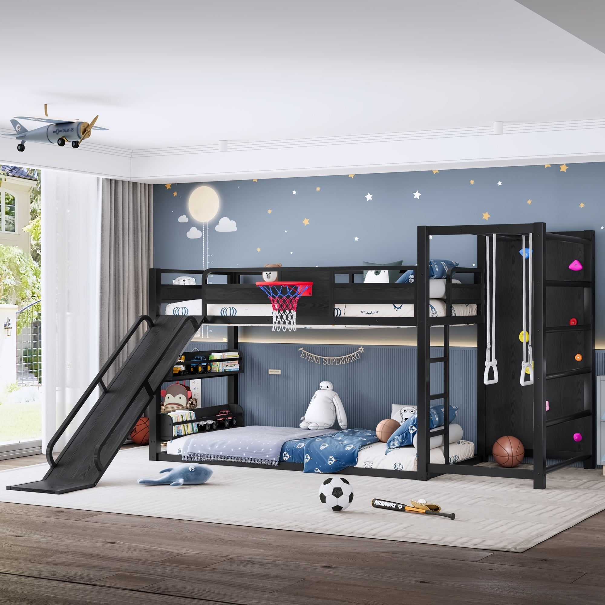 UOI Twin XL Black Metal Loft Bunk Bed with Basketball Hoop Pull Up Rings Climbing Wall and Slide