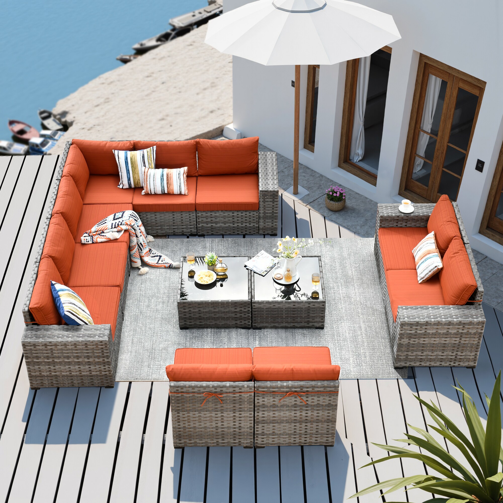 Pouuin SBBR8012 12 -Piece Rattan Patio Conversation Set with Red Cushions