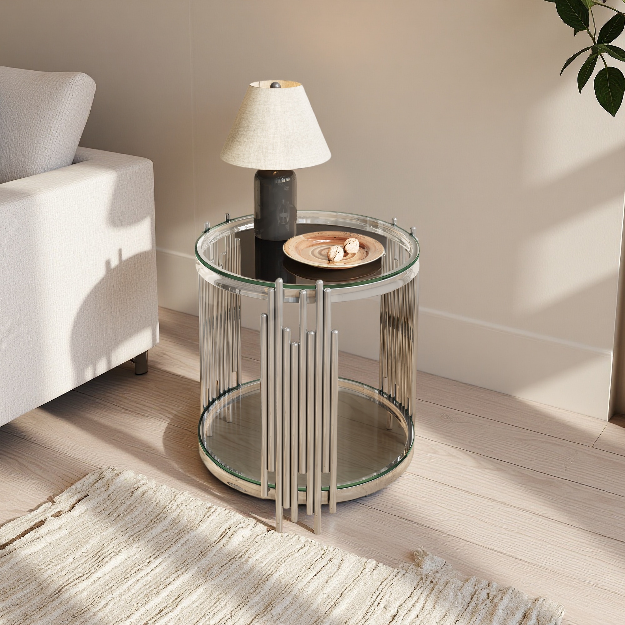 zwyo hosimu 19.7-in Round End Table with 2-Tier Tempered Glass Shelves Stainless Steel Frame Modern Accent Table for Living Room Bedroom Office
