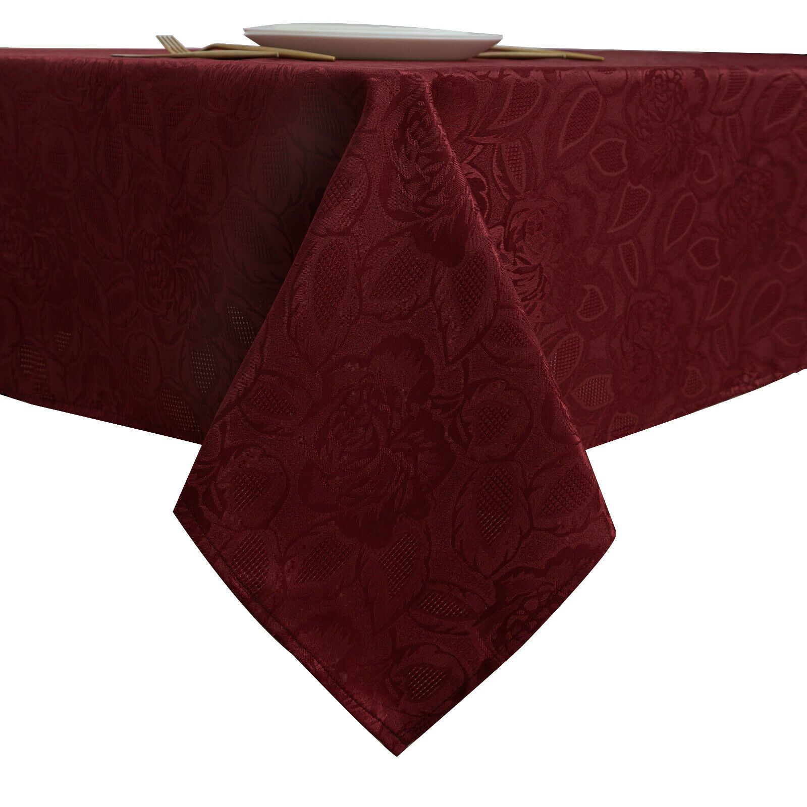 KATE AURORA Shabby Chic Floral Fabric Tablecloth 60 in W x 104 in L Burgundy #LAURA-T/C-BURGUNDY-1