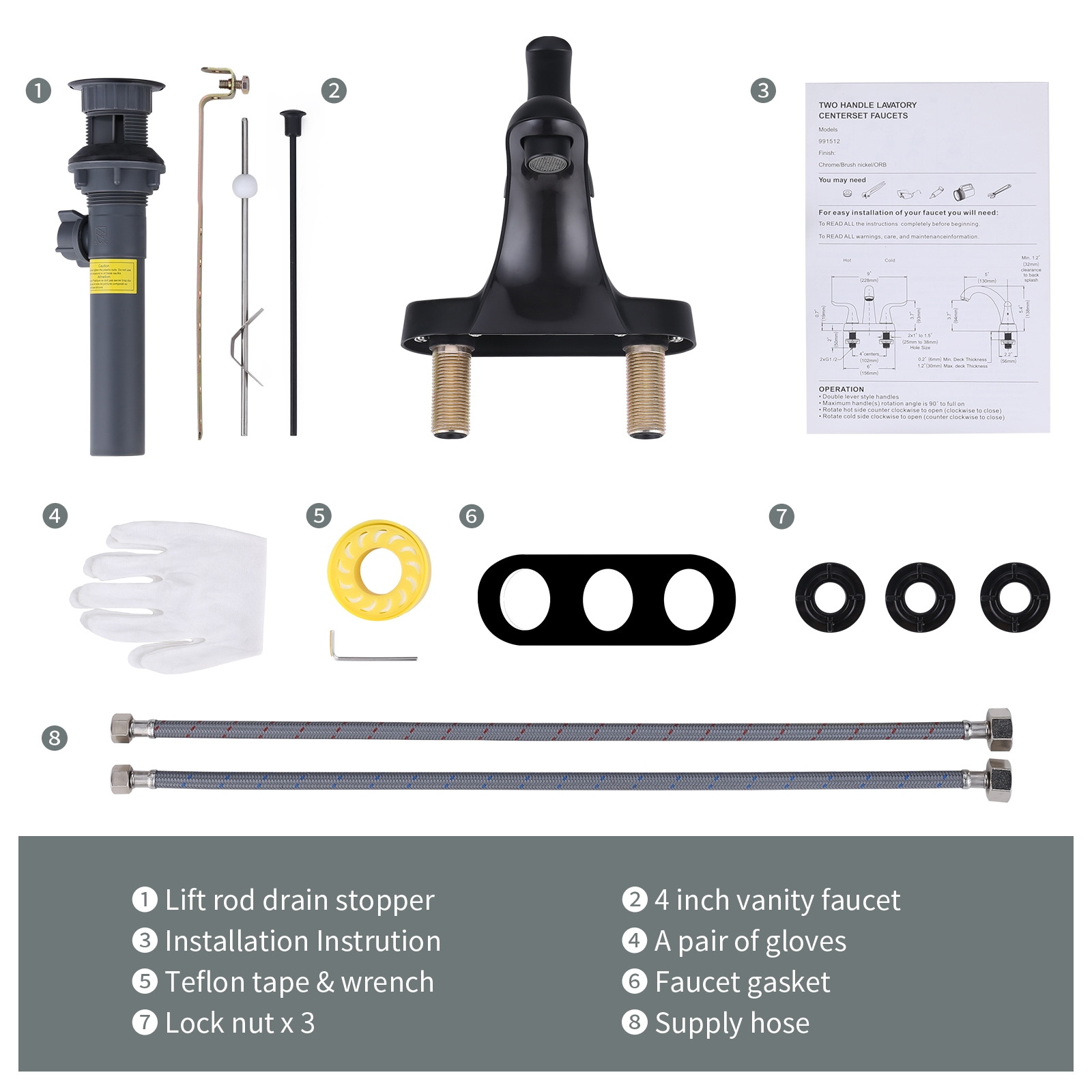 Matte Black Stainless Steel Centerset Bathroom Faucet with Lift Rod Drain