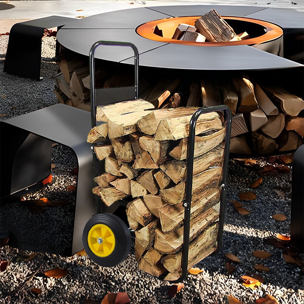 Sunrinx Black Steel Log Cart with Wheels - Durable Tubular Construction ...