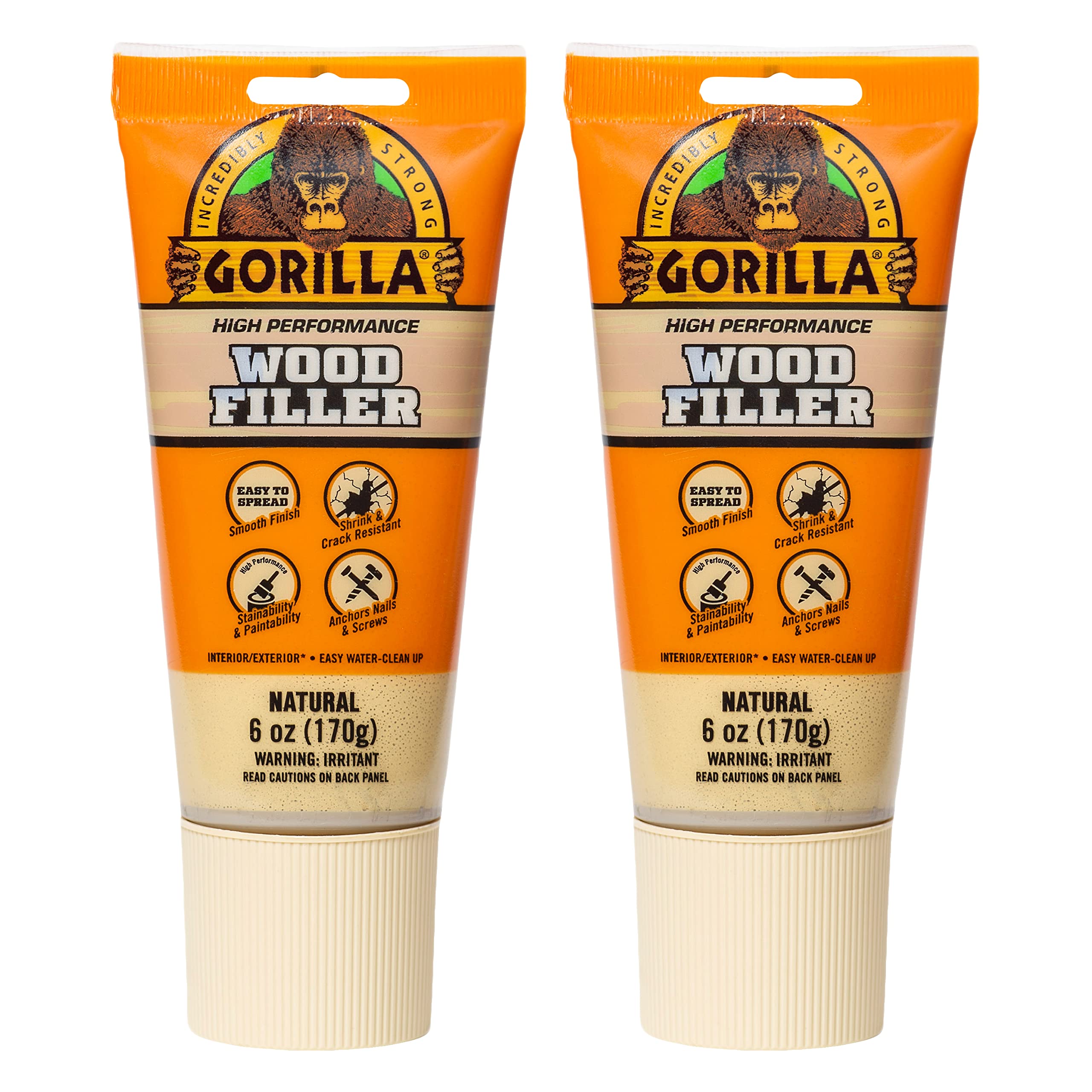 Gorilla All Purpose Wood Filler Natural Color 6 Ounce Tube Water Resistant for Indoor and Outdoor Repairs 2 Pack #107072-2