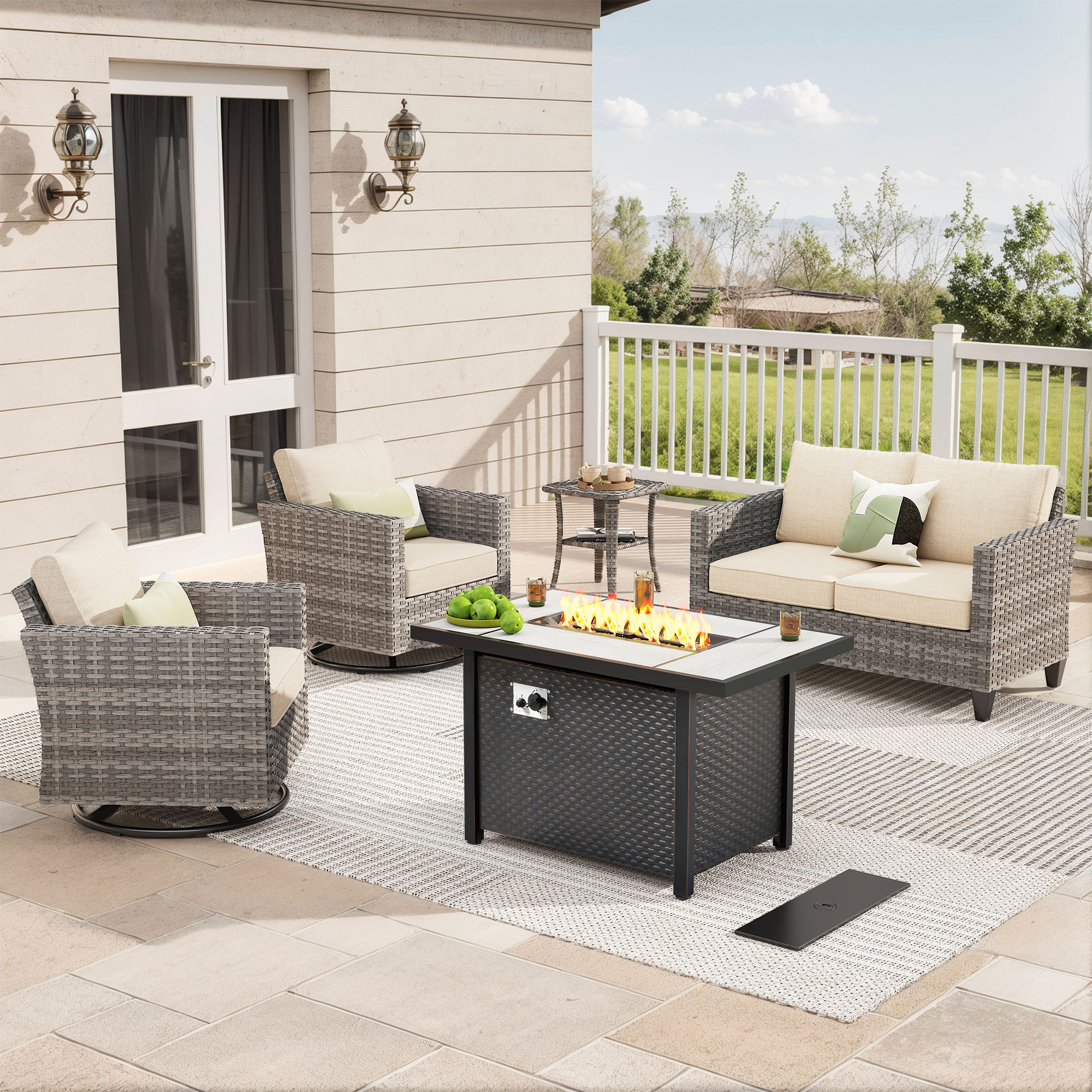 Pouuin STFP-YZGRS605 5 -Piece Wicker Patio Conversation Set with Beige Cushions