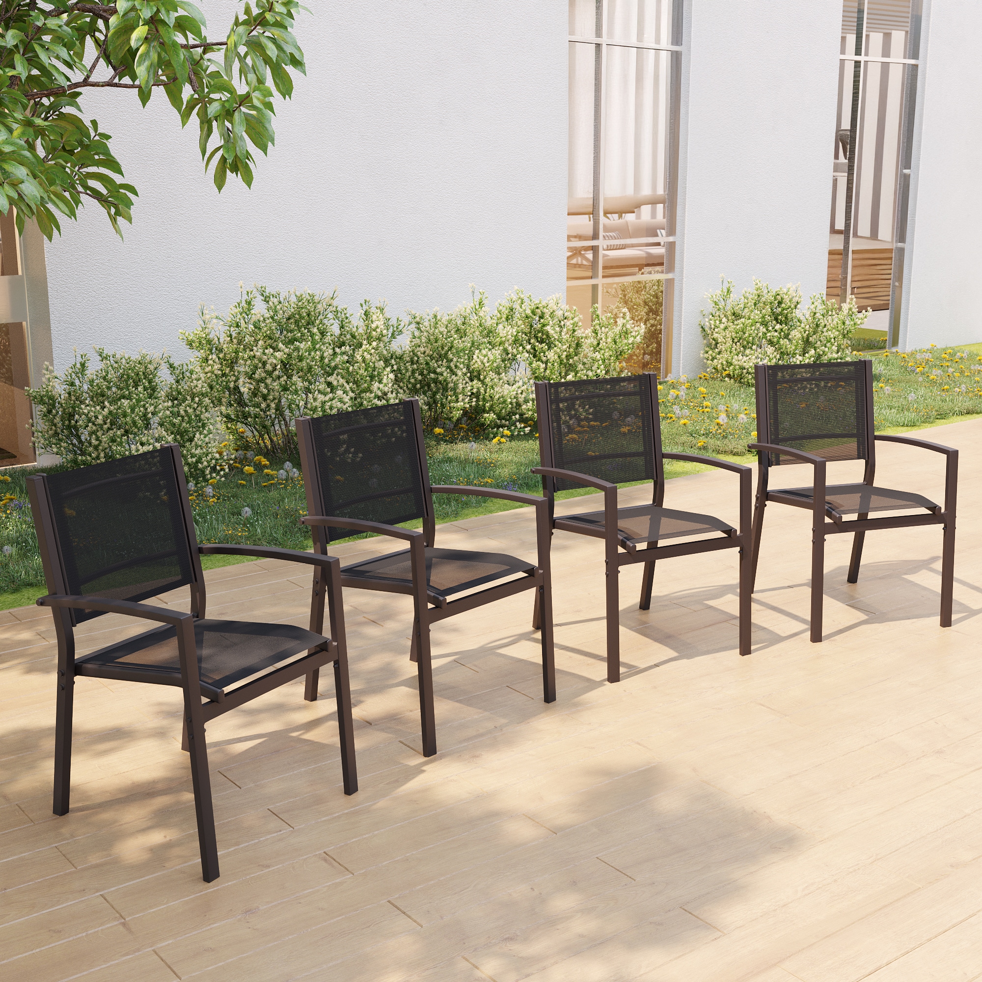 ACEGOSES LW-DS-265-BK-2 Skytop Set of 4 Stackable Dark Brwon Steel Frame Stationary Dining Chair with Black Mesh Seat