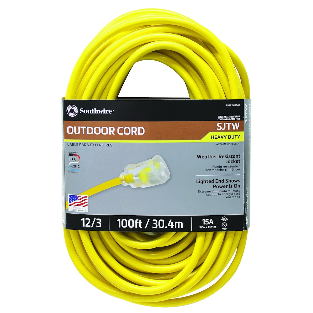 Southwire 100-ft 12/3-Prong Indoor/Outdoor Sjtw Heavy Duty Lighted Extension  Cord in the Extension Cords department at