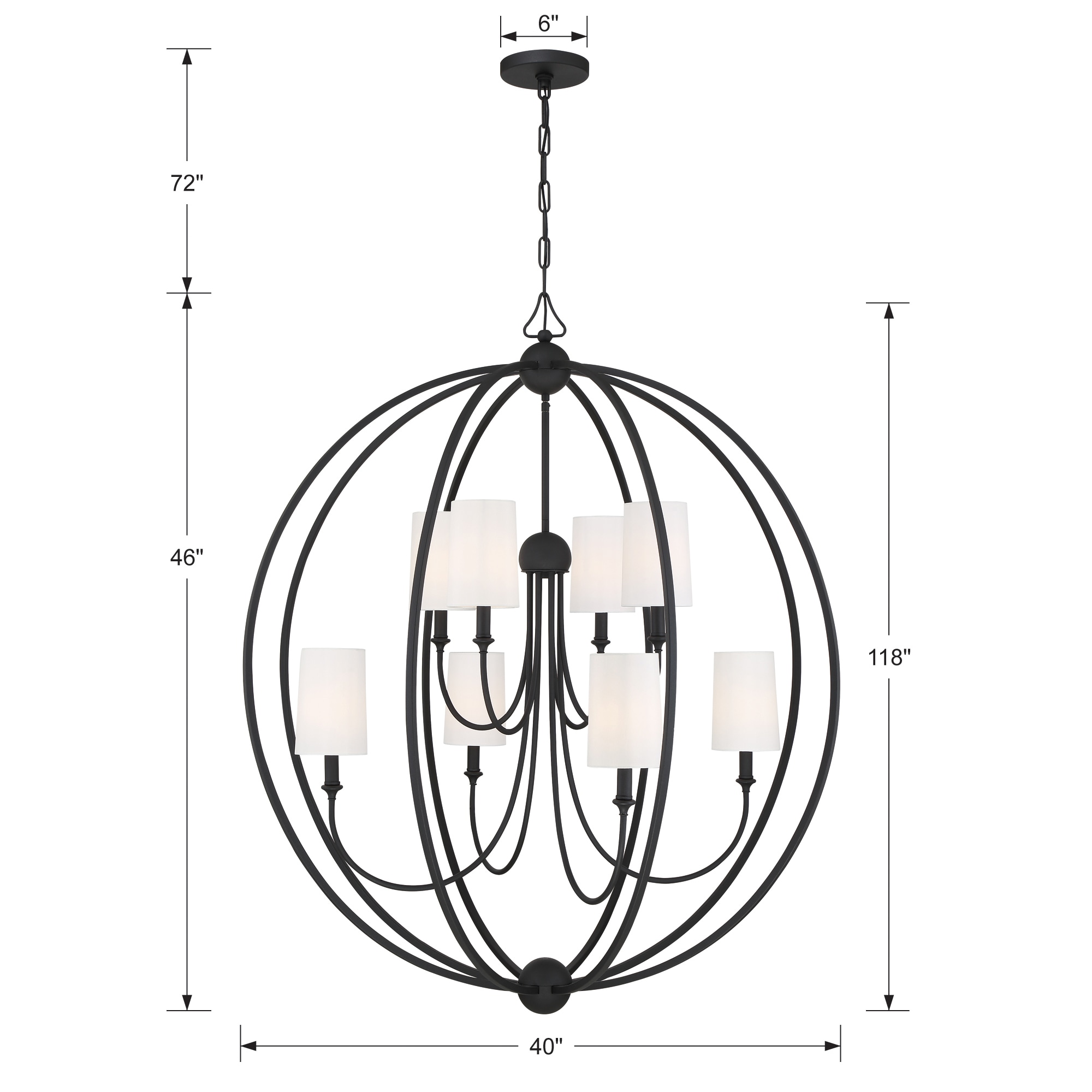 Sylvan Black Forged 8-Light Chandelier with Ivory Silk Shades