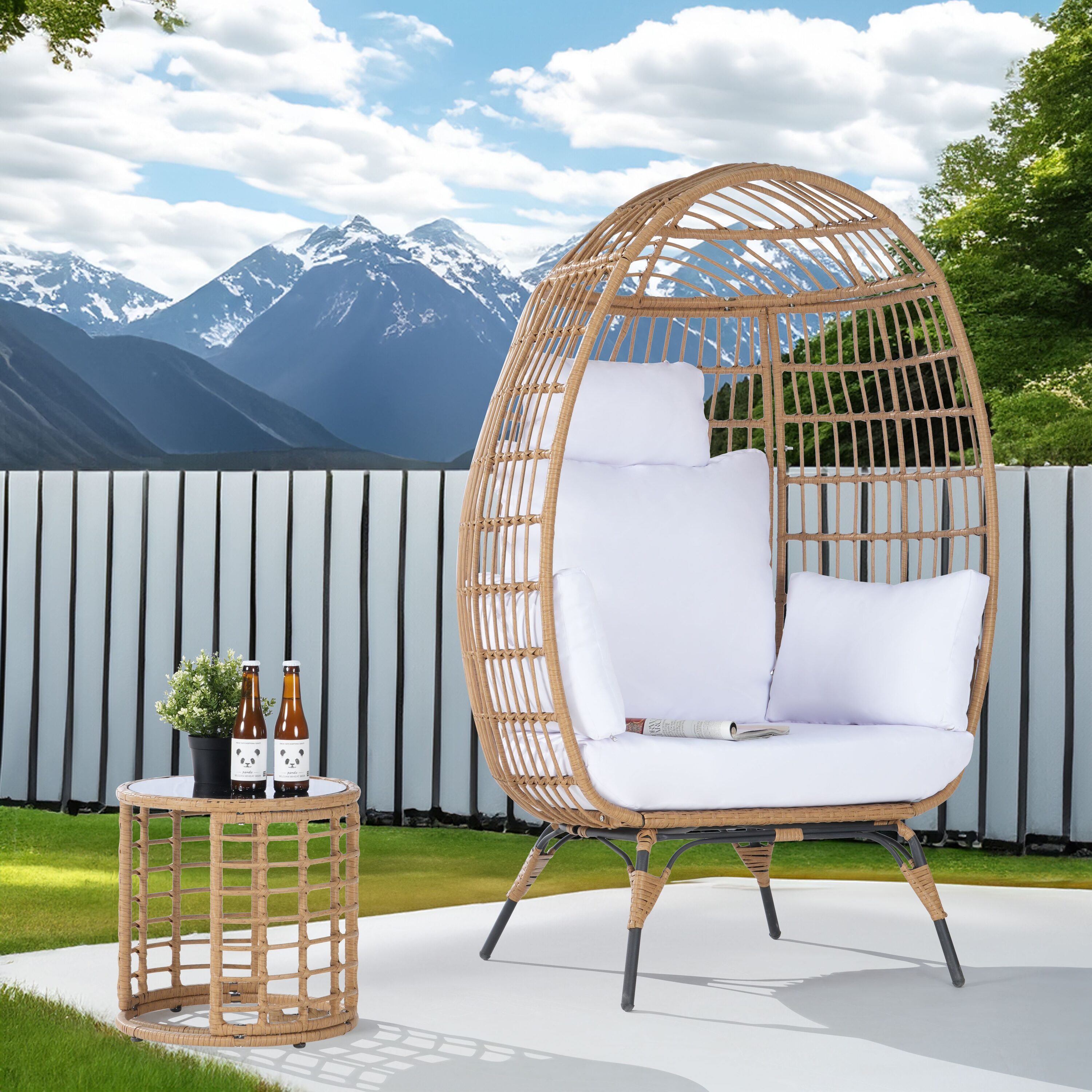 SANSTAR L-RJDC52T-BB Patio Chairs 2 -Piece Wicker Patio Conversation Set with White 220gsm Polyester Cushions
