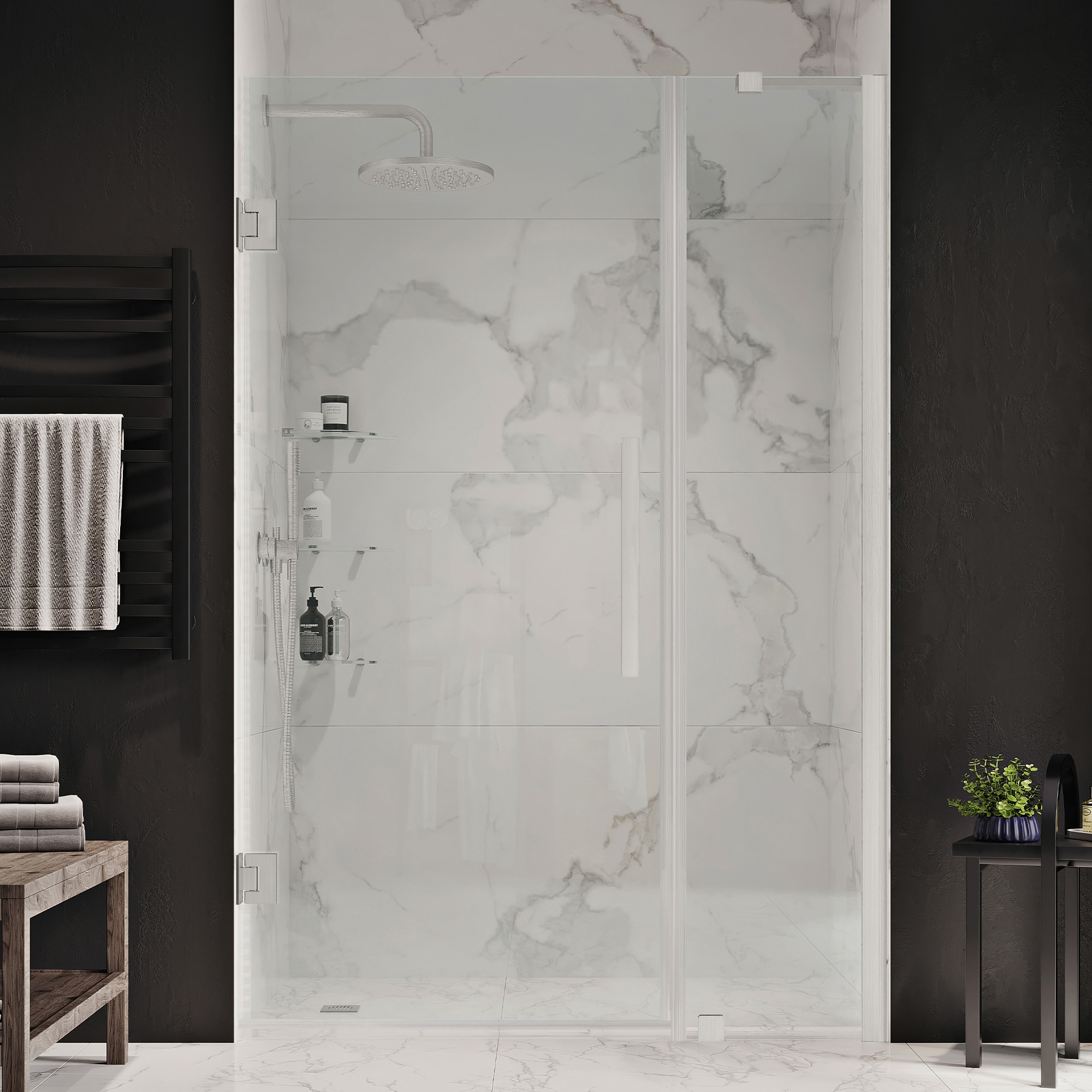 OVE Decors 828796067317 Tampa-Pro Satin nickel 37-15/16-in to 39-1/16-in W x 72-in H Frameless Pivot Shower door 5/16-in Thick Clear Glass