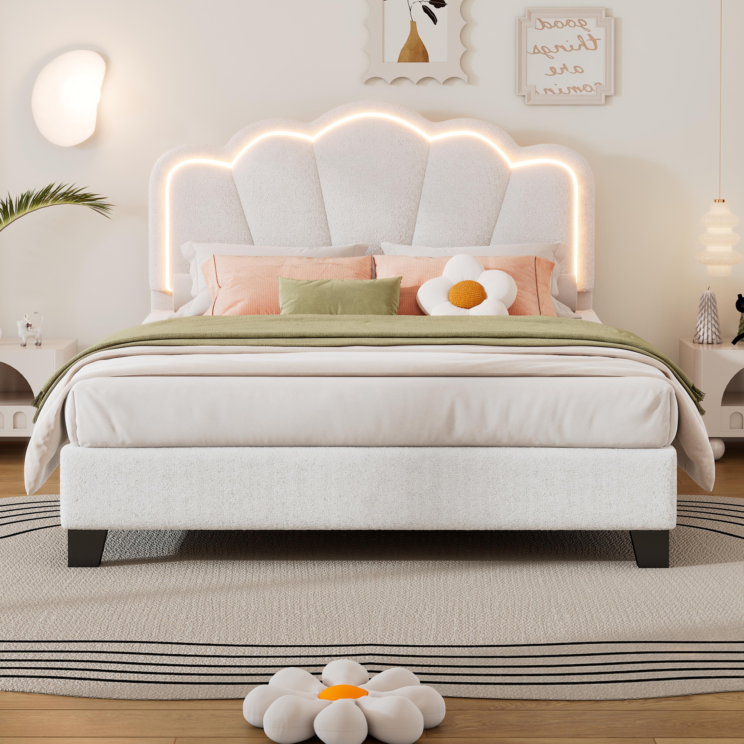 Bayfeve BF-77308A-IN Upholstered Flower-Shape Bed White Full Wood Upholstered Bed