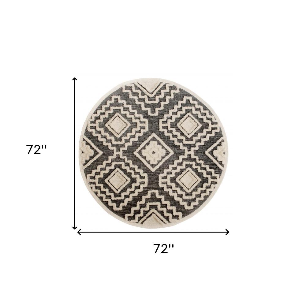 Gray and Cream Tufted Geometric Wool Round Area Rug, 6 ft.