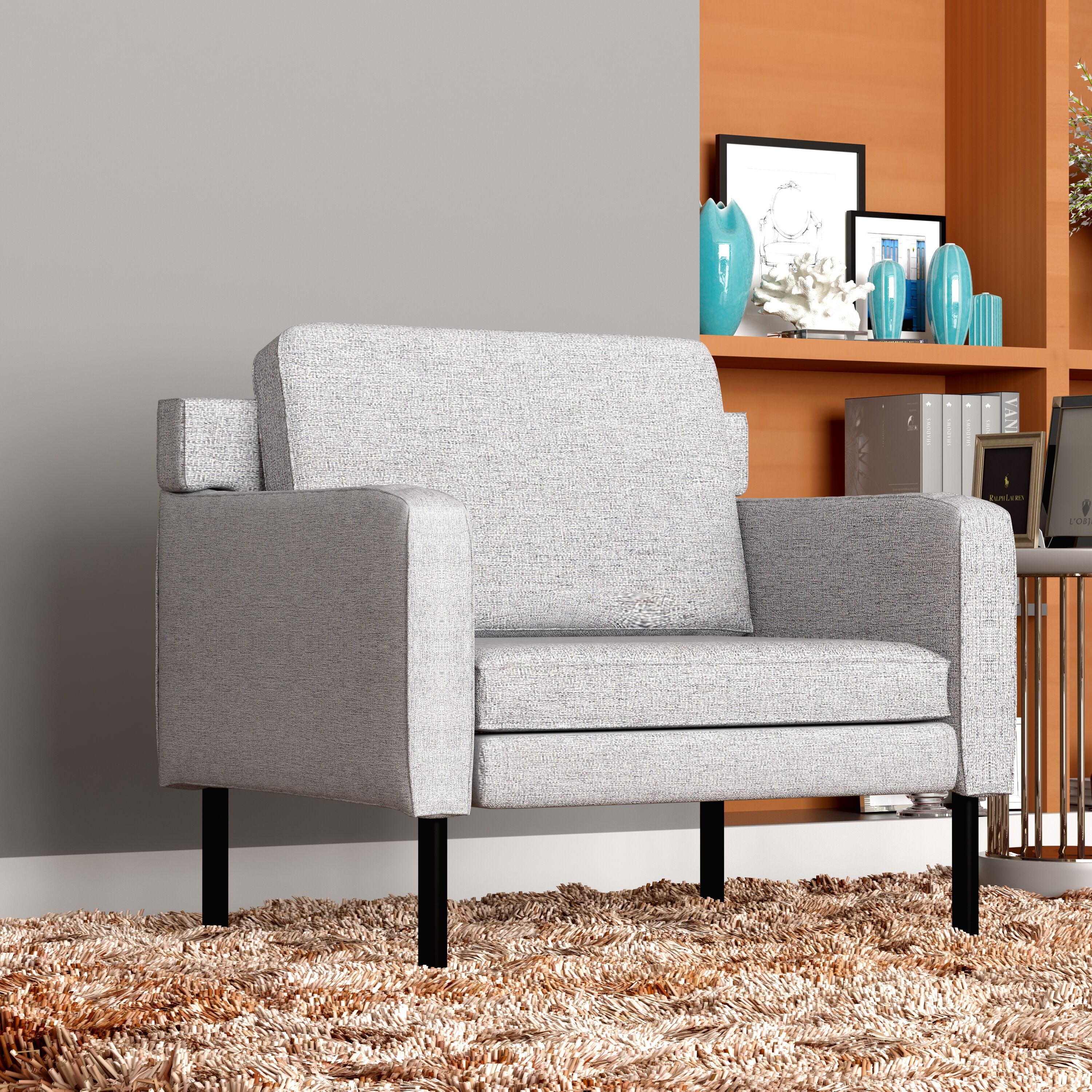 Modern Poly-Linen Weave Black Wood Accent Chair with Gray Cushions