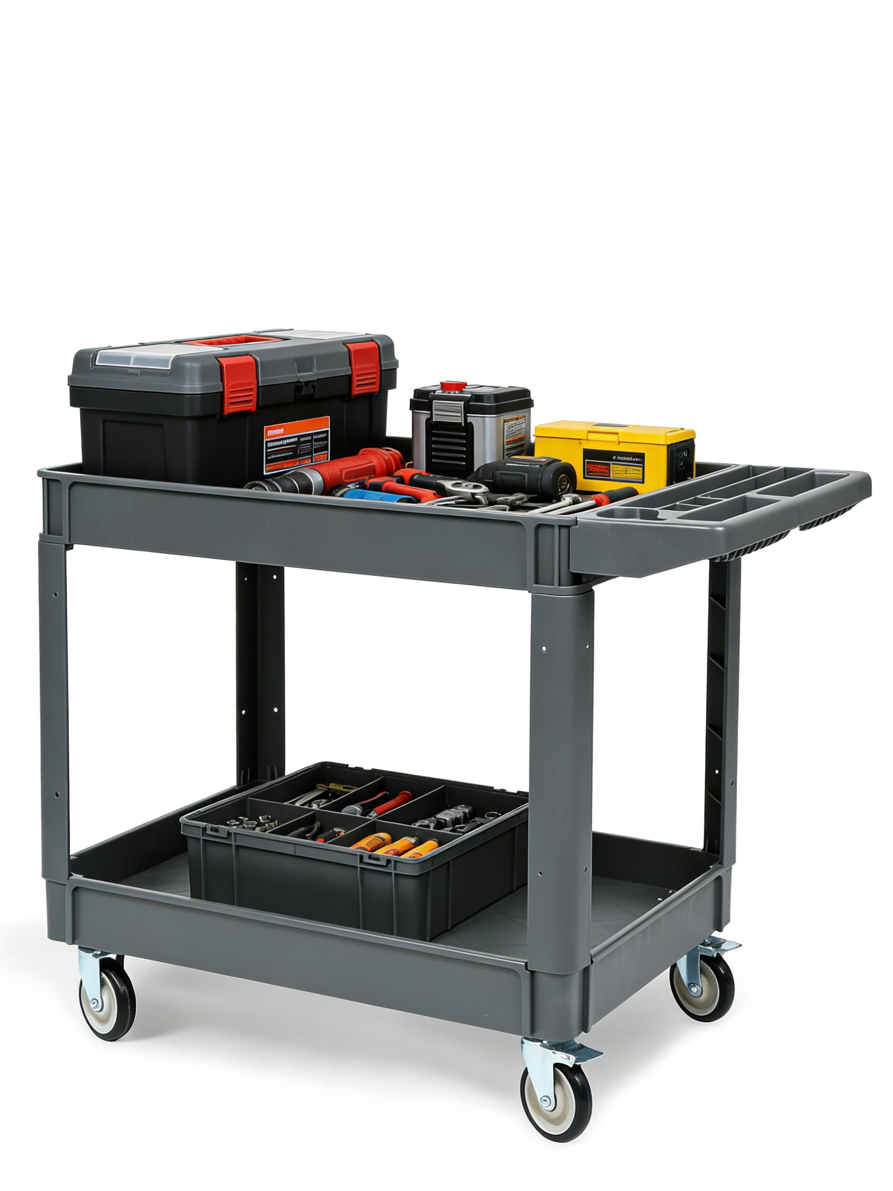IdealHouse 2 Shelf Utility Service Cart Heavy Duty Plastic Rolling Utility Cart with 360 degree Swivel Wheels 2 with Brakes 550LBS Large Lipped Shelf Ergonomic Storage Handle for Warehouse Garage Cleaning #BZI-QJSU-NMLZVGPN4F