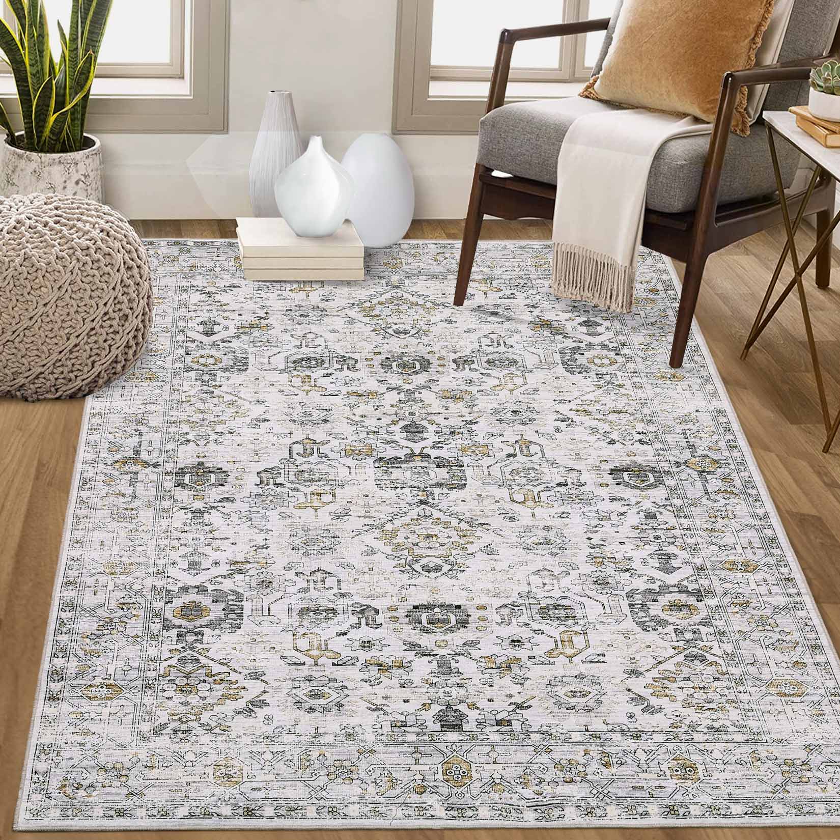 Garvee YXY-LO-PHO-162TACWG 9 x 12 (ft) Loomed Polyester Gray Rectangular Indoor Floral/Botanical Vintage Machine washable Area rug