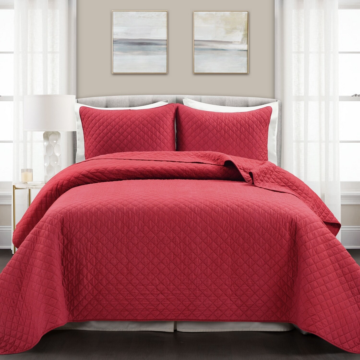 Lush Decor Red Stripe Reversible King Quilt Cotton with (Fill) in