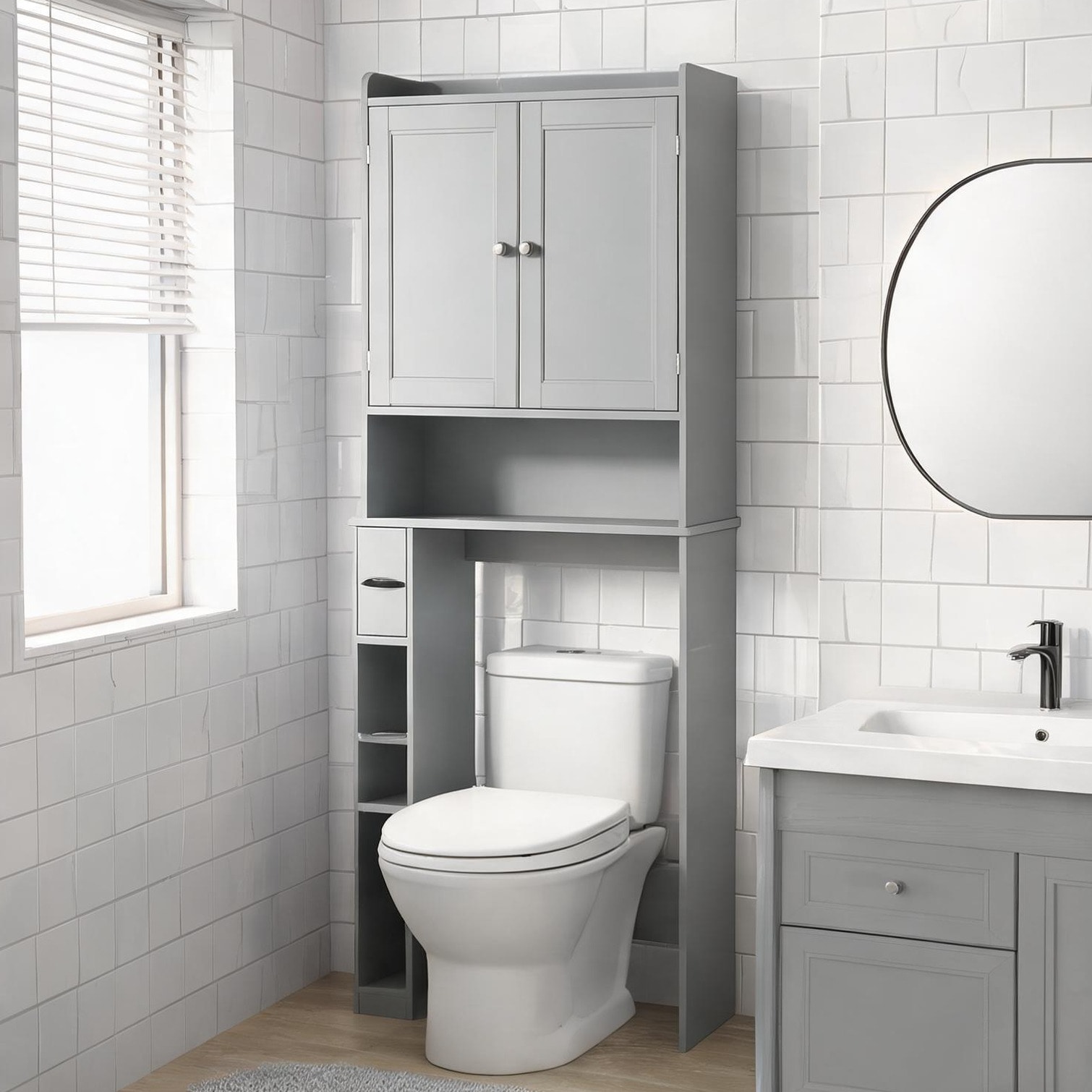 chillscreamni 66.9-Inch Cool Gray MDF Freestanding Bathroom Cabinet with Two Doors and Open Storage 88-lb Capacity
