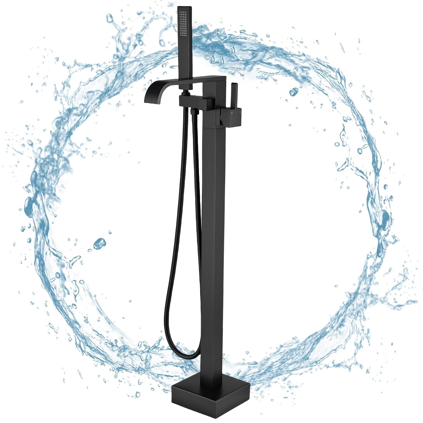BWE A-97012-BLACK Matte Black 1-handle Freestanding Waterfall Bathtub Faucet with Hand Shower ( Valve Included )