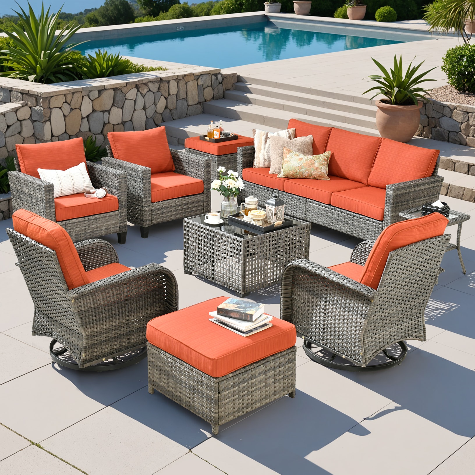 Pouuin SYZGNC809 9 -Piece Wicker Patio Sofa Conversation Set with Orange Cushions