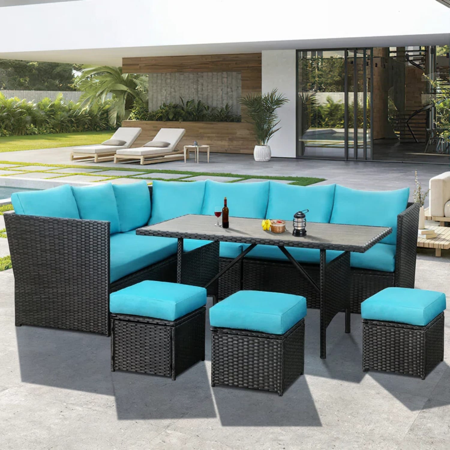 AECOJOY 16076BU-LS01 Conversation Set Outdoor Sectional with Blue Cushions and Wicker Frame