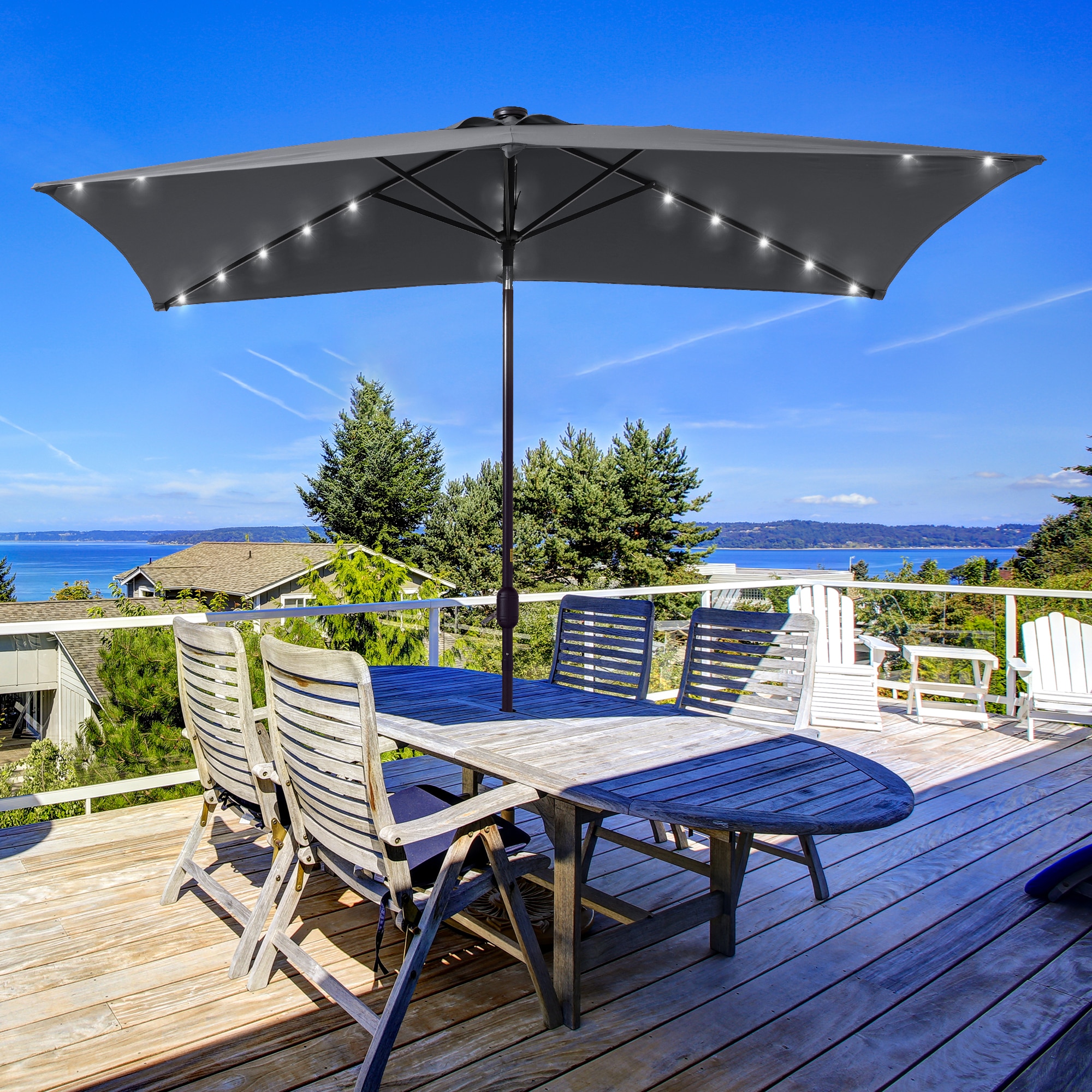 ACEGOSES 10-ft Aluminum Gray Push-button Tilt Market Patio Umbrella with Lights and