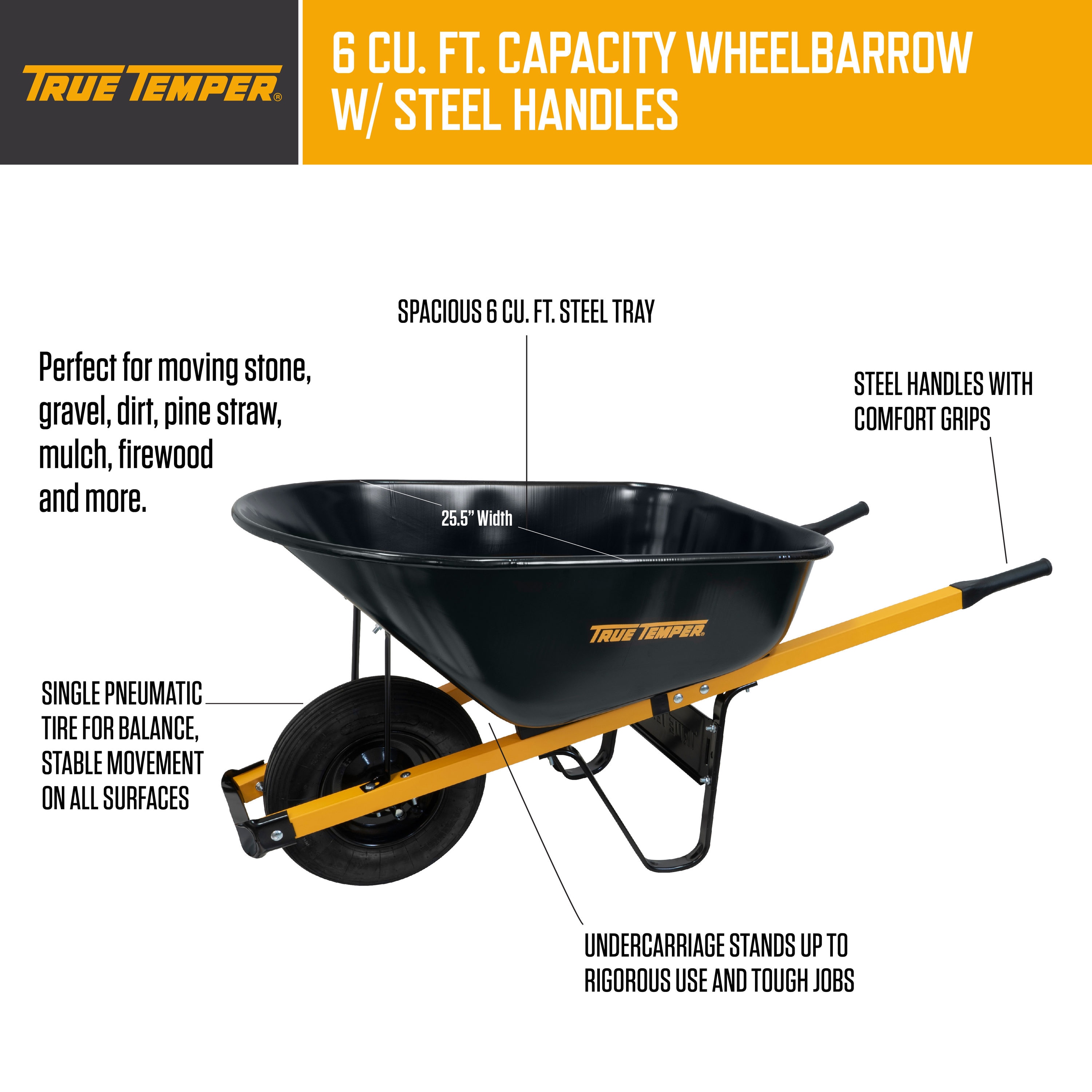 True Temper 6-cu ft 1 Wheel Steel Push Wheelbarrow R6STPTEC - Sansujyuku