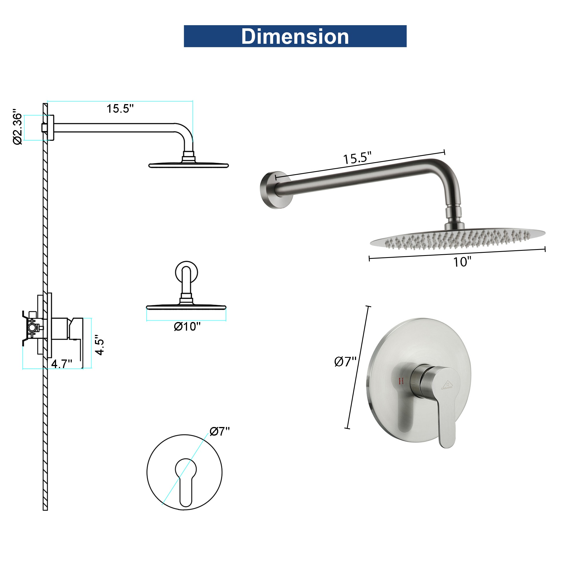 CASAINC CA-081001BN Showerhead-Bar-Panels - View #5