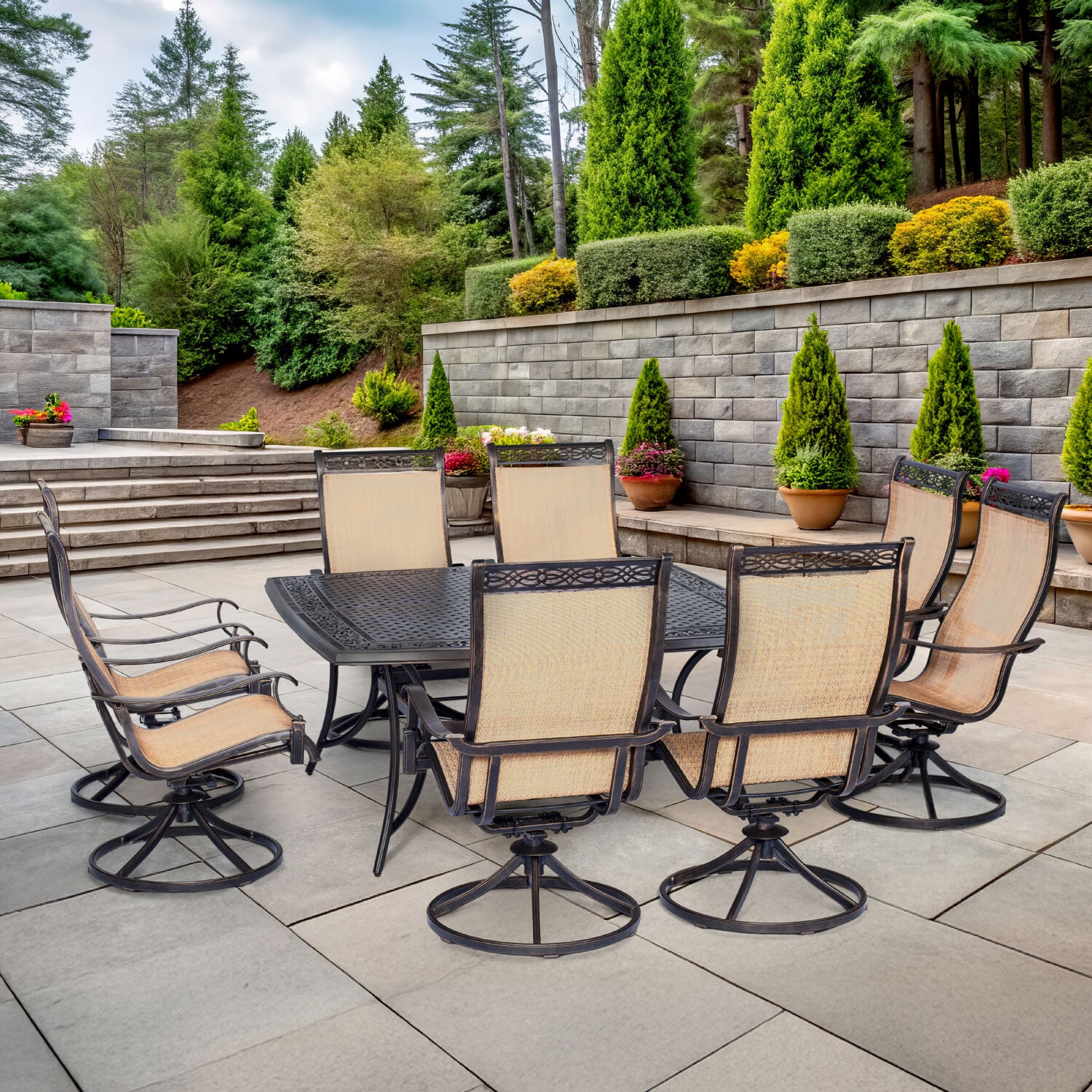 Cedar Cast Aluminum 9-Piece Patio Dining Set with Swivel Rocking Chairs