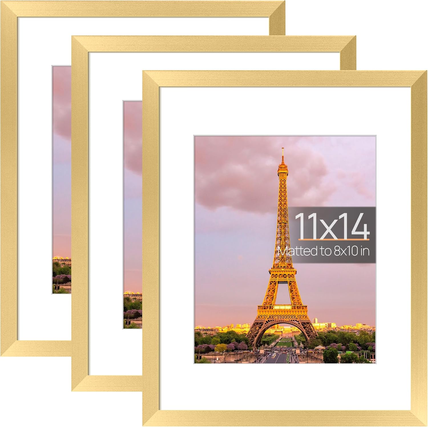 Upsimples B08PFHFS42 11x14 Picture Frame 3 Pack Gold with High Definition Glass Displays 8x10 with Mat or 11x14 Without Mat for Wall or Tabletop