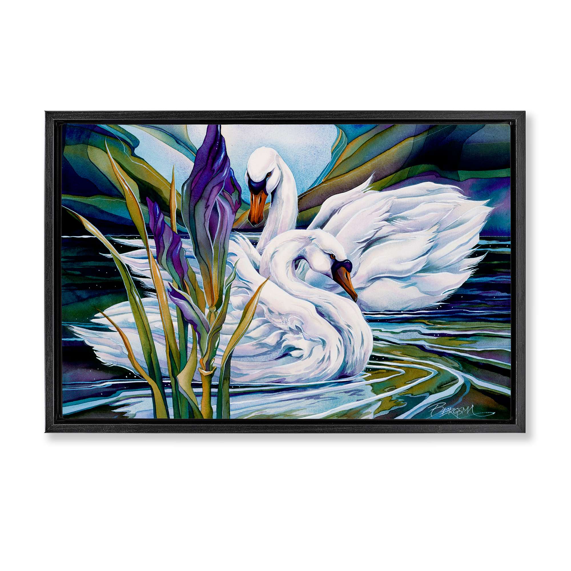 Stupell Industries BT-348-FFB-16X24 Swans with Abstract Pond Ripples Floating Frame design by Jody Bergsma