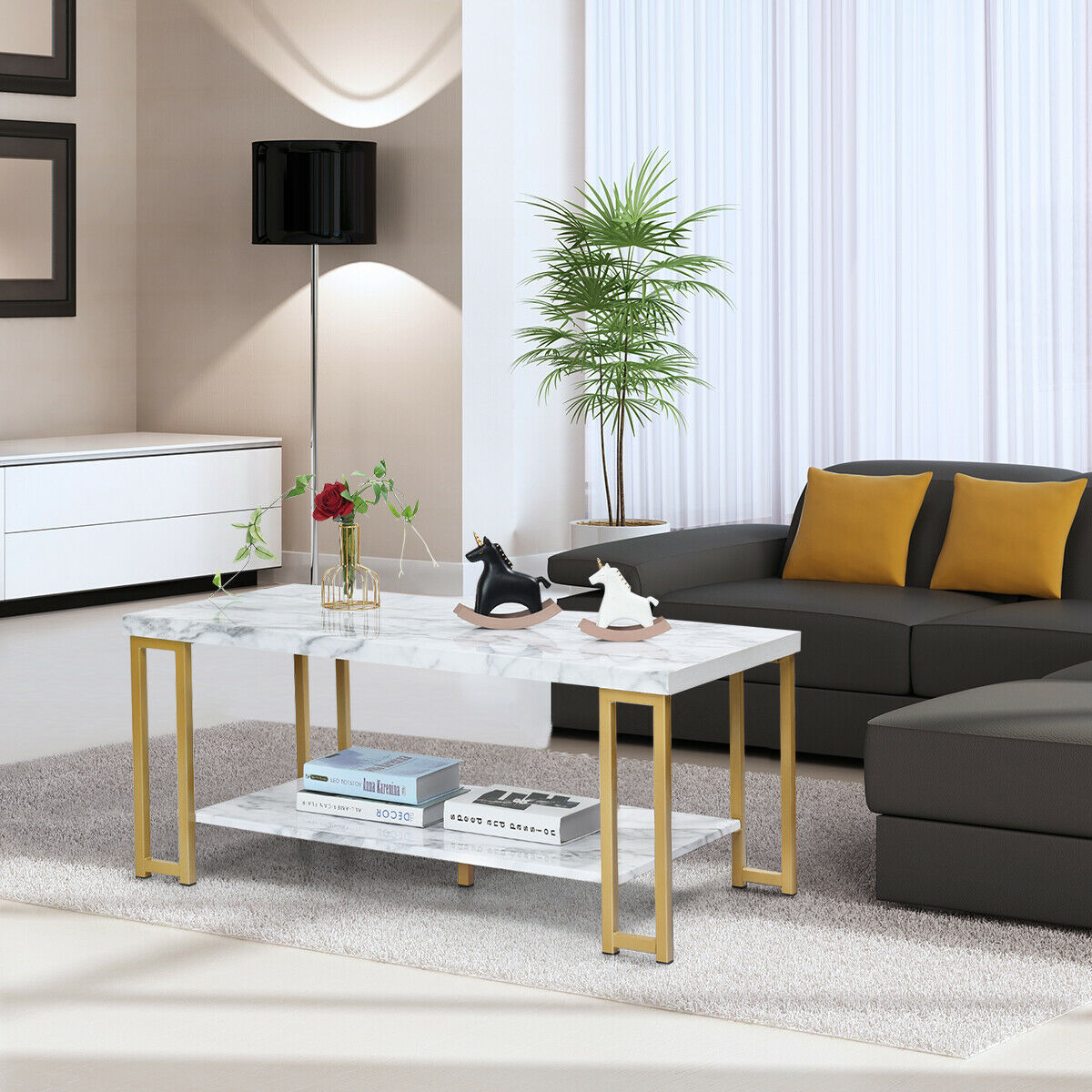 Elegant 46" Rectangular Wood and Faux Marble Coffee Table with Storage