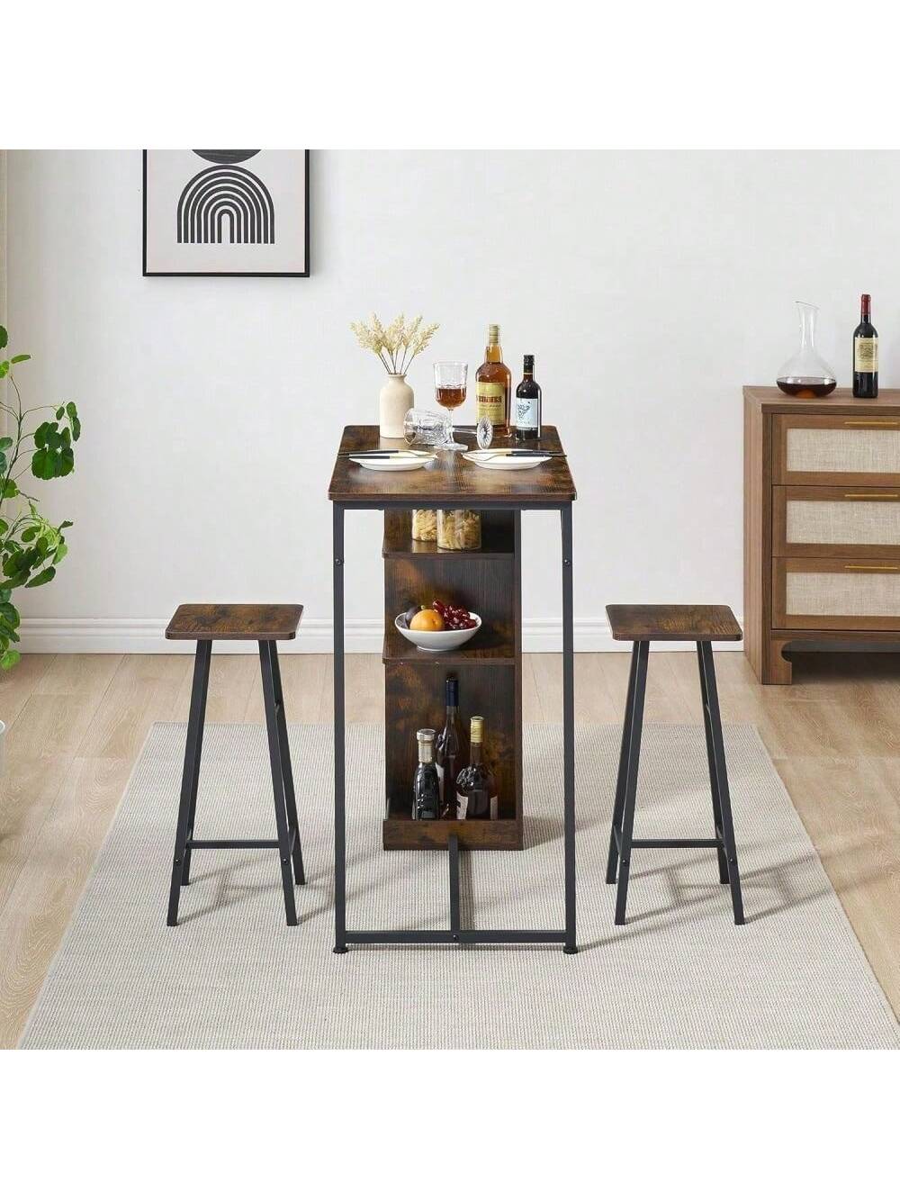 Qeetex PHO-15W0K9A2-HF4 Rustic Brown 3 Piece Bar Table and Chairs Set. Space Saving Dining Table with Storage Shelves. Square Bar Table with 2 Bar Stools for Kitchen Breakfast. Living Room. Party Room