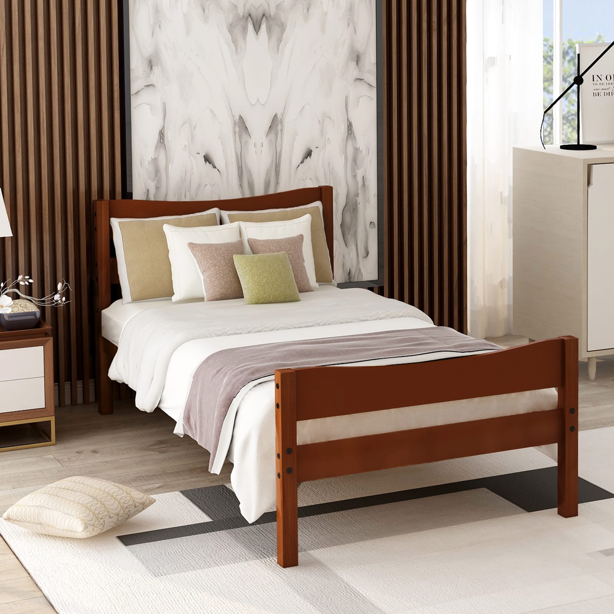 ModernLuxe WF191768AAD Twin Size  Wood Platform Bed with Headboard and Wooden Slat Support Walnut
