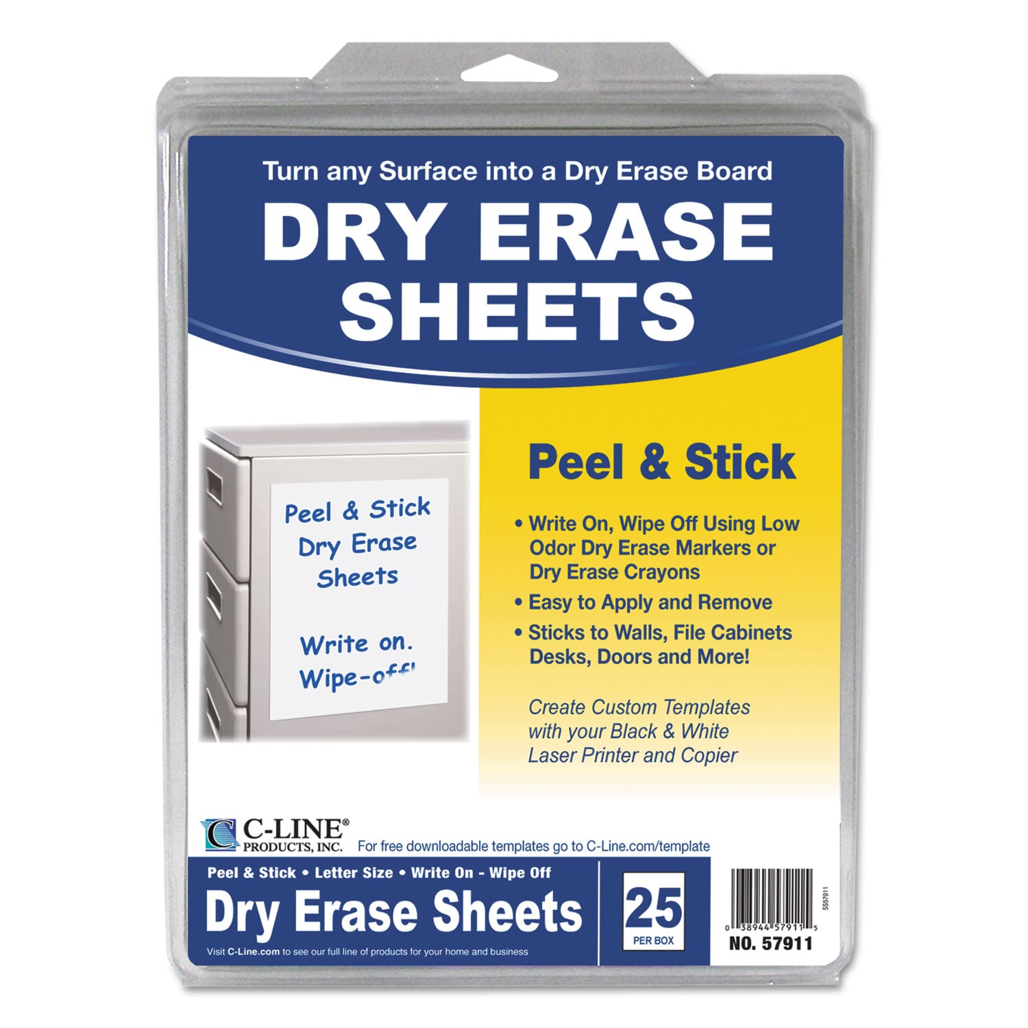 C-Line ESNCLI57911 Self Stick Dry Erase Sheets Laminated Paperboard Surface 8.5 x 11 White 25 Box