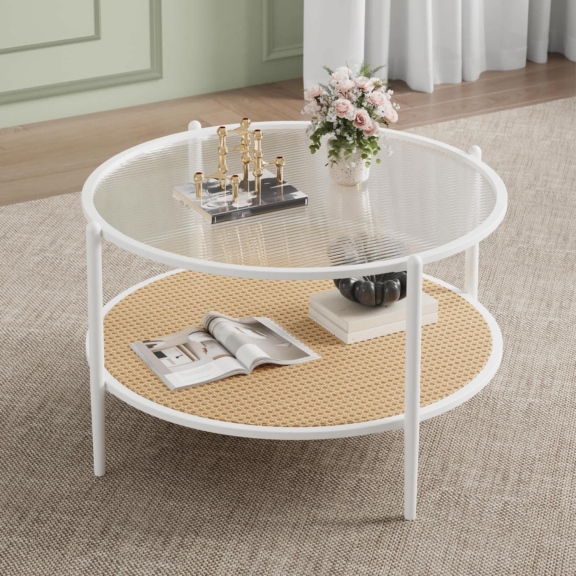 Qeetex PHK-346T83PK-HNN 2-Tier White Metal Modern Round Coffee Table with Water-Wave Glass Top and Yellow Rattan Shelf for Living Room